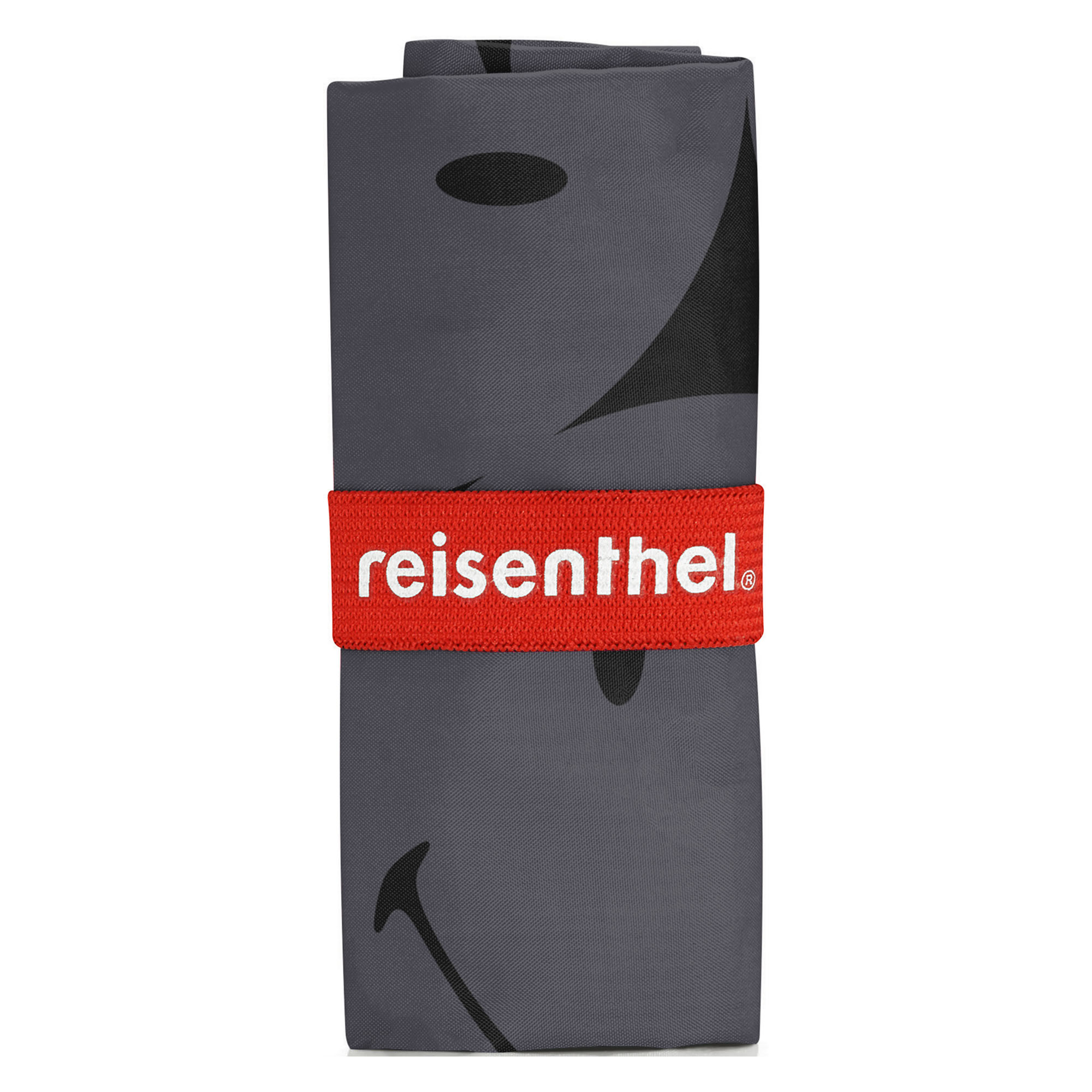 Faltbare Einkaufstasche von Reisenthel, Modell Mini Maxi Shopper, in Grau mit großflächigem Smiley-Muster, kompakt gefaltet in einer grauen Hülle mit rotem Reisenthel-Band.