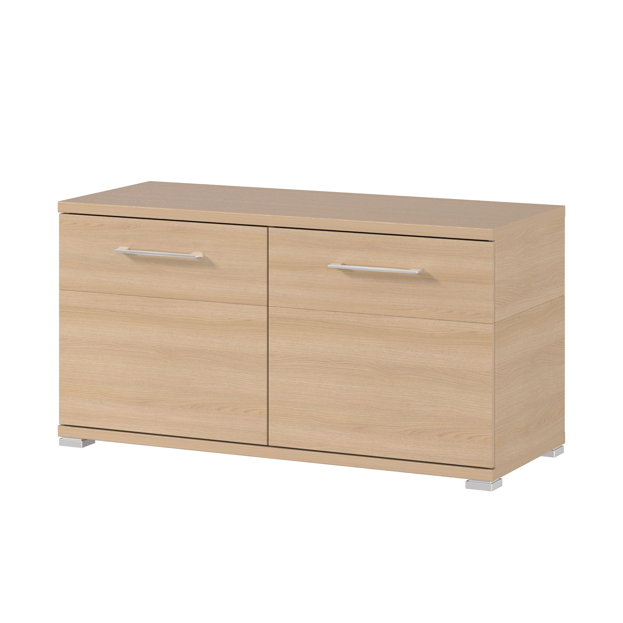 Sitzbank aus Holzoptik mit zwei Türen und Metallgriffen