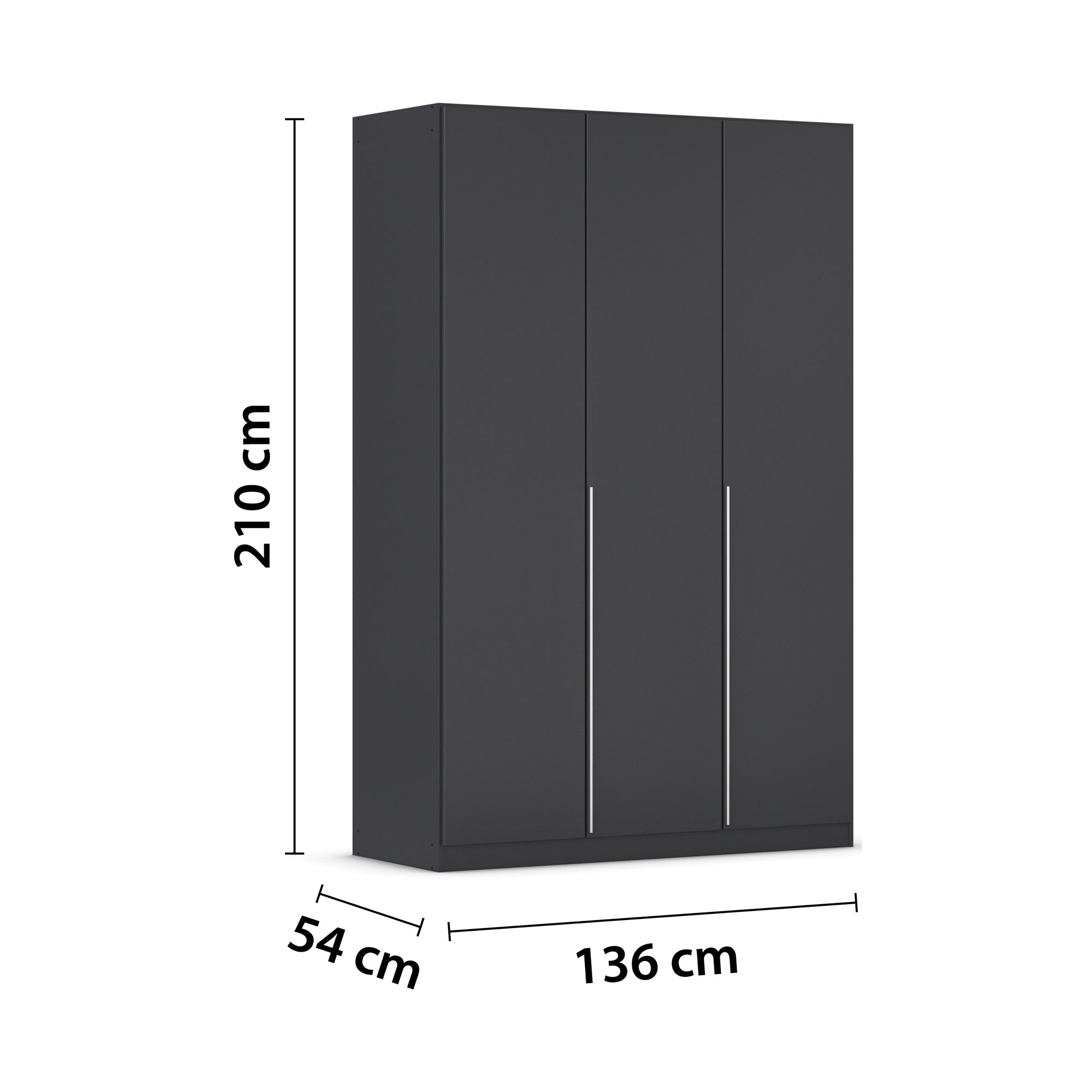 Grau-Metallicer Kleiderschrank mit eingezeichneten Maßen von 210 cm Höhe, 136 cm Breite und 54 cm Tiefe
