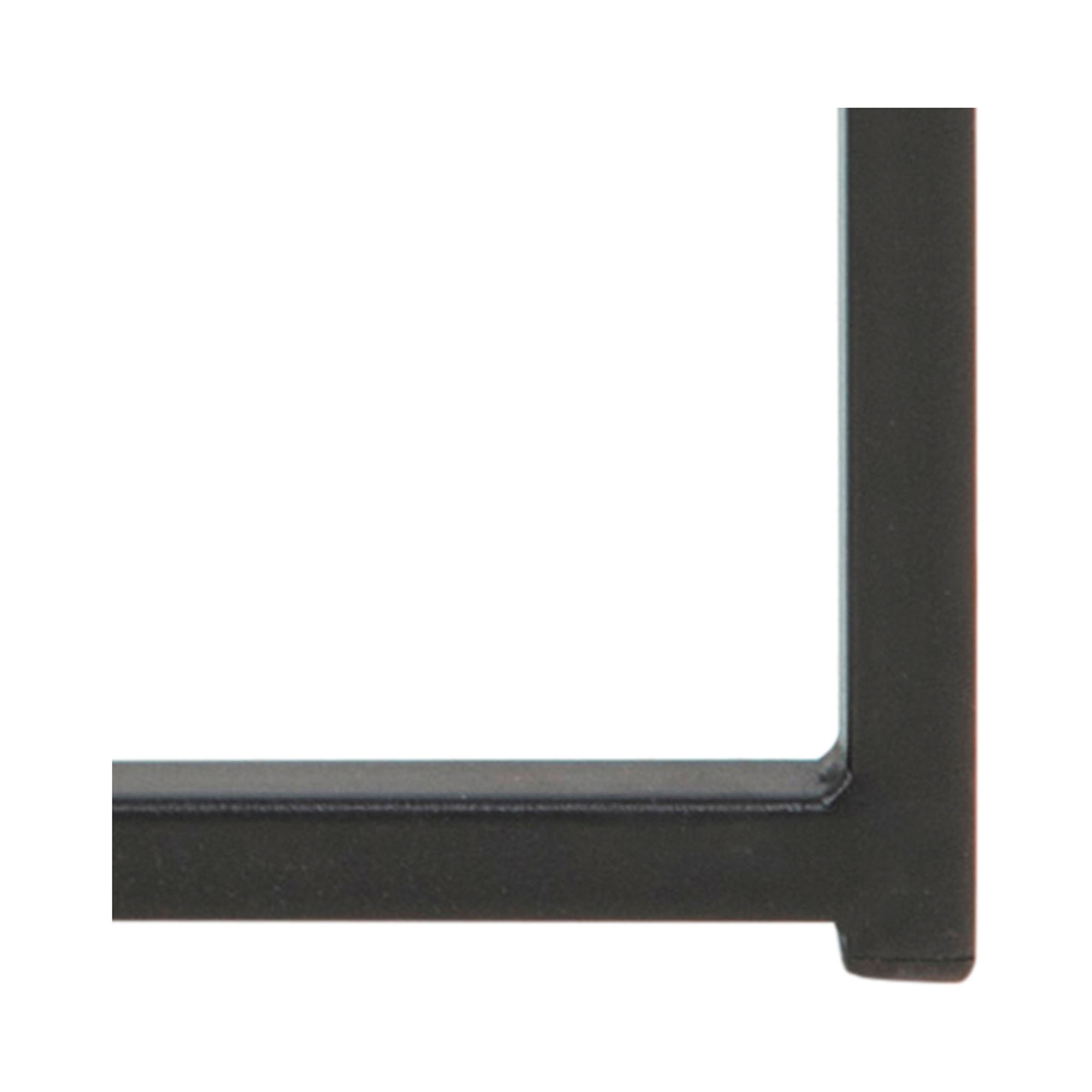 Nahaufnahme des mattschwarzen Metallgestells des runden Ecktischs, frontal von vorne aufgenommen