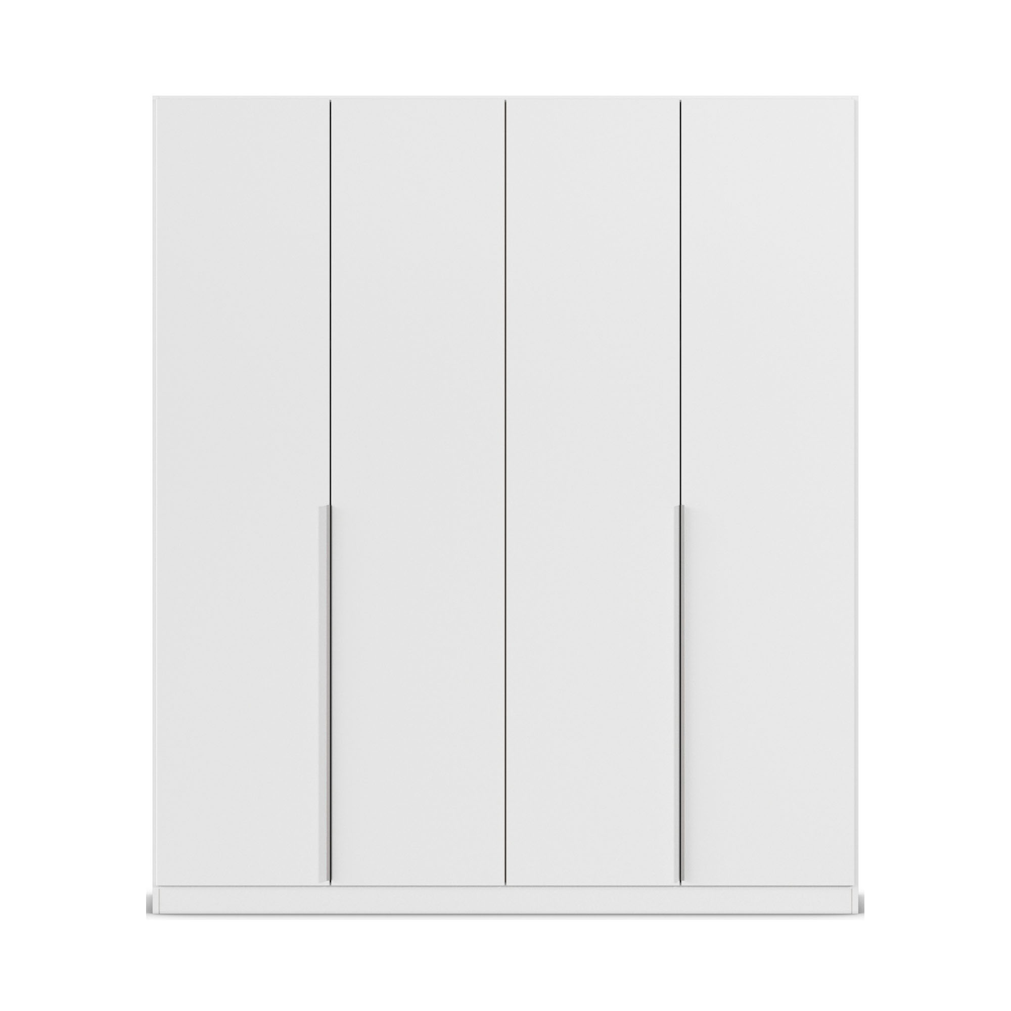 Frontansicht eines weißen Kleiderschranks mit vier Türen und geradlinigem, minimalistischem Design