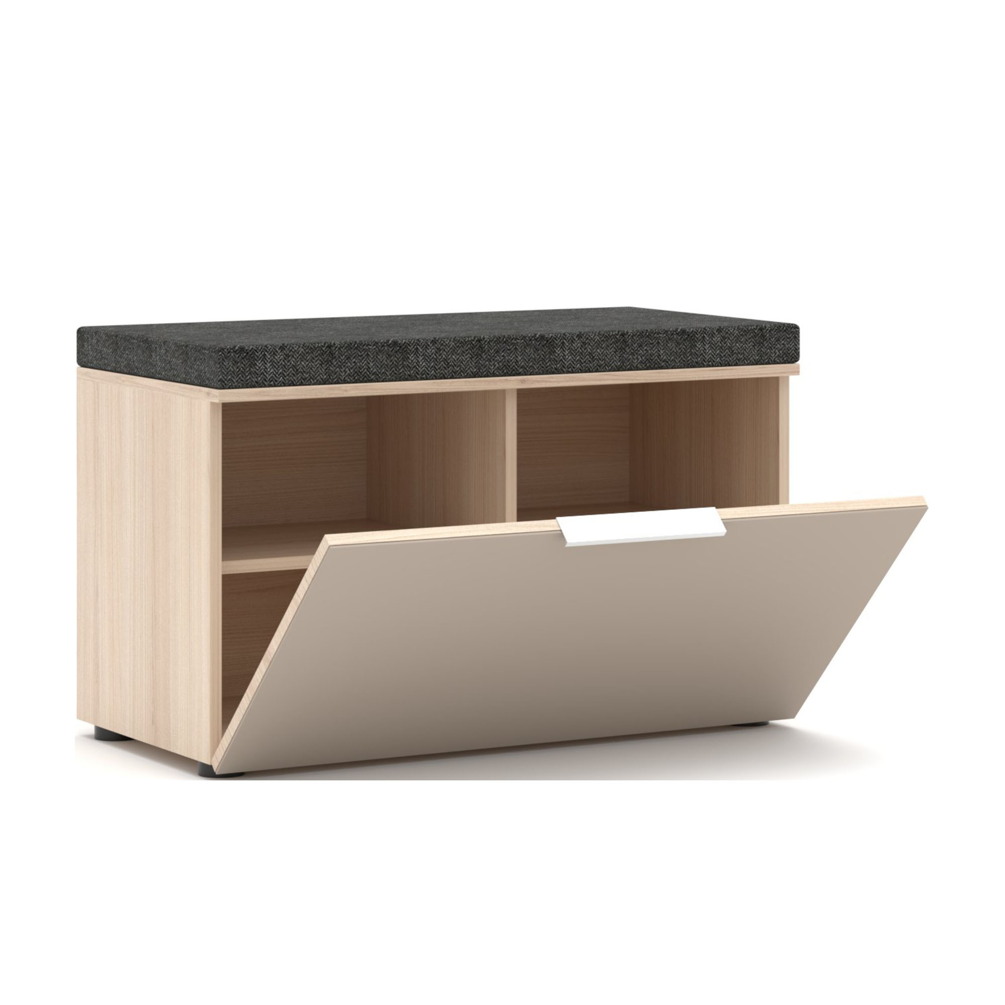 Geöffnete Schuhbank mit gekippter Frontklappe und sichtbaren Innenfächern in hellem Holz.