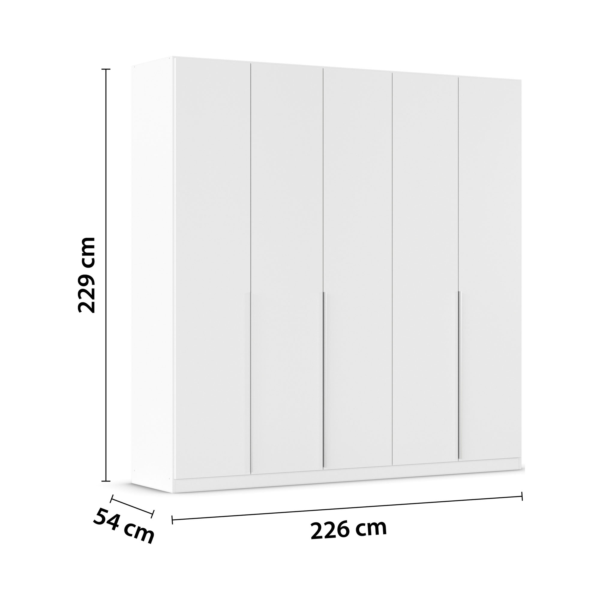 Weißer Kleiderschrank mit eingezeichneten Maßen von 226 cm Breite, 229 cm Höhe und 54 cm Tiefe