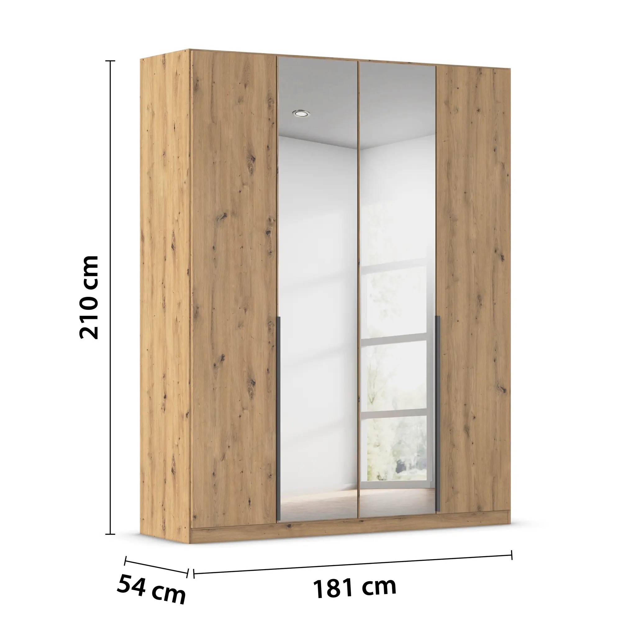 Kleiderschrank in Eiche Artisan mit Spiegeltüren und Maßangaben Breite 181 cm, Höhe 210 cm und Tiefe 54 cm
