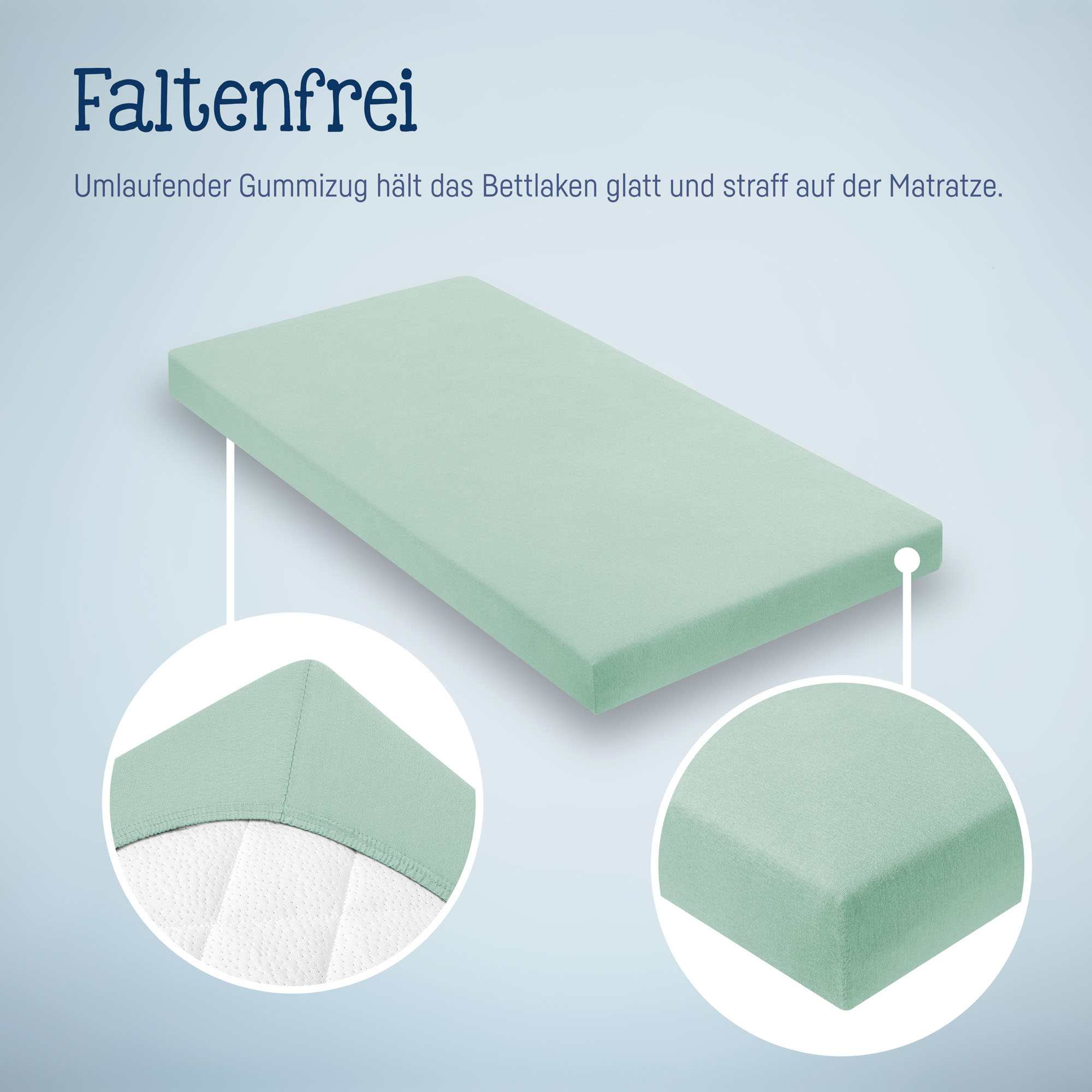 Mintfarbenes Spannbettlaken auf Matratze mit Detailansichten der glatten, straffen Passform durch umlaufenden Gummizug