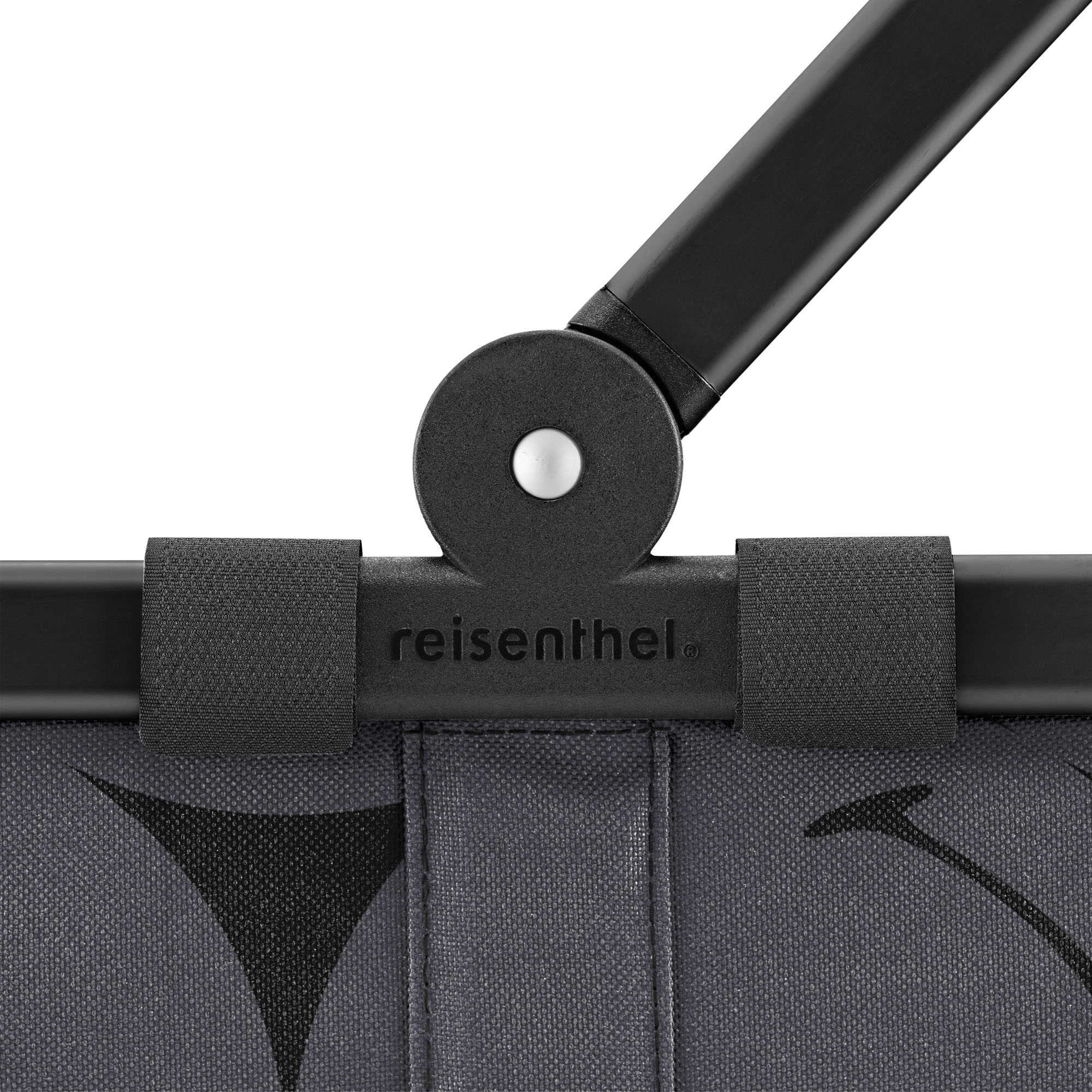 Einkaufskorb von Reisenthel, Modell Carrybag, in Grau mit großflächigem Smiley-Muster, als Nahaufnahme des Gelenks am Aluminiumgriff.