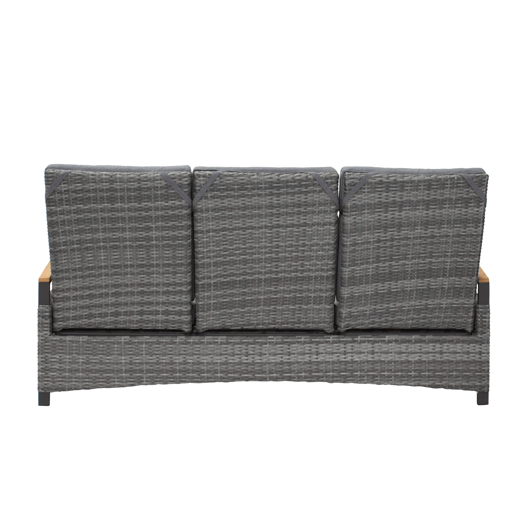 Rückansicht eines Gartensofas mit geflochtener Optik und drei Rückenpolstern vor weißem Hintergrund