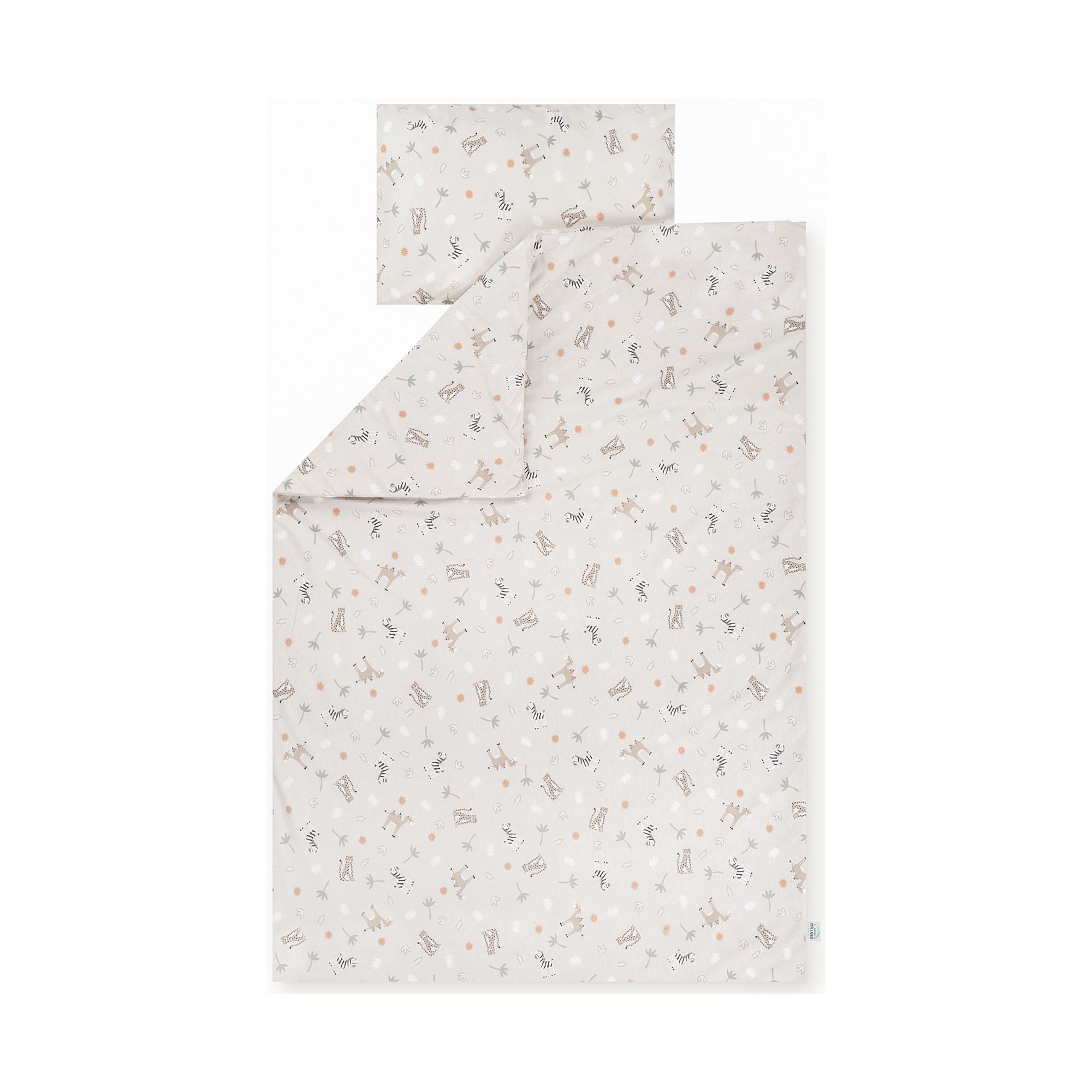 Geöffnetes Kinderbettwäsche-Set mit Deckenbezug und Kopfkissen in Beige mit Safari-Tieren