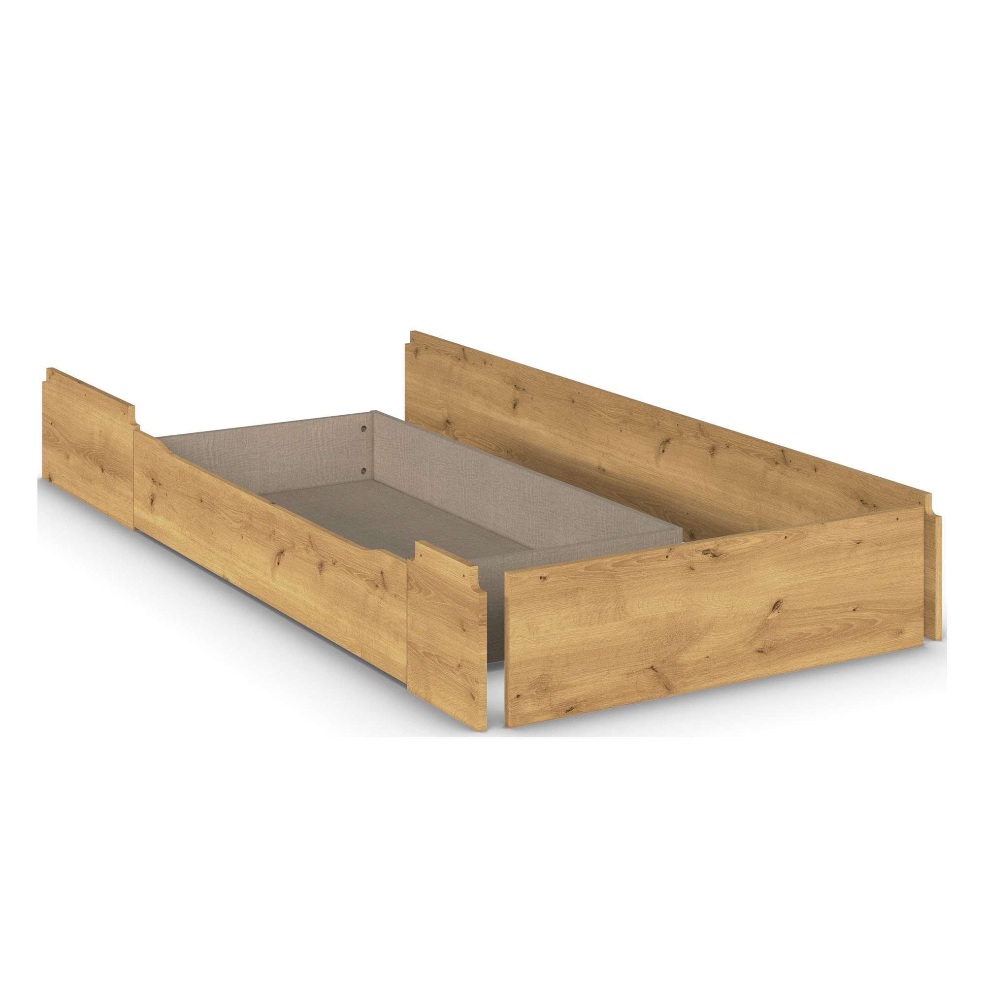 Sockelschubkasten aus Holzdekor in Asteiche mit seitlichen und hinteren Blenden, auf weißem Hintergrund