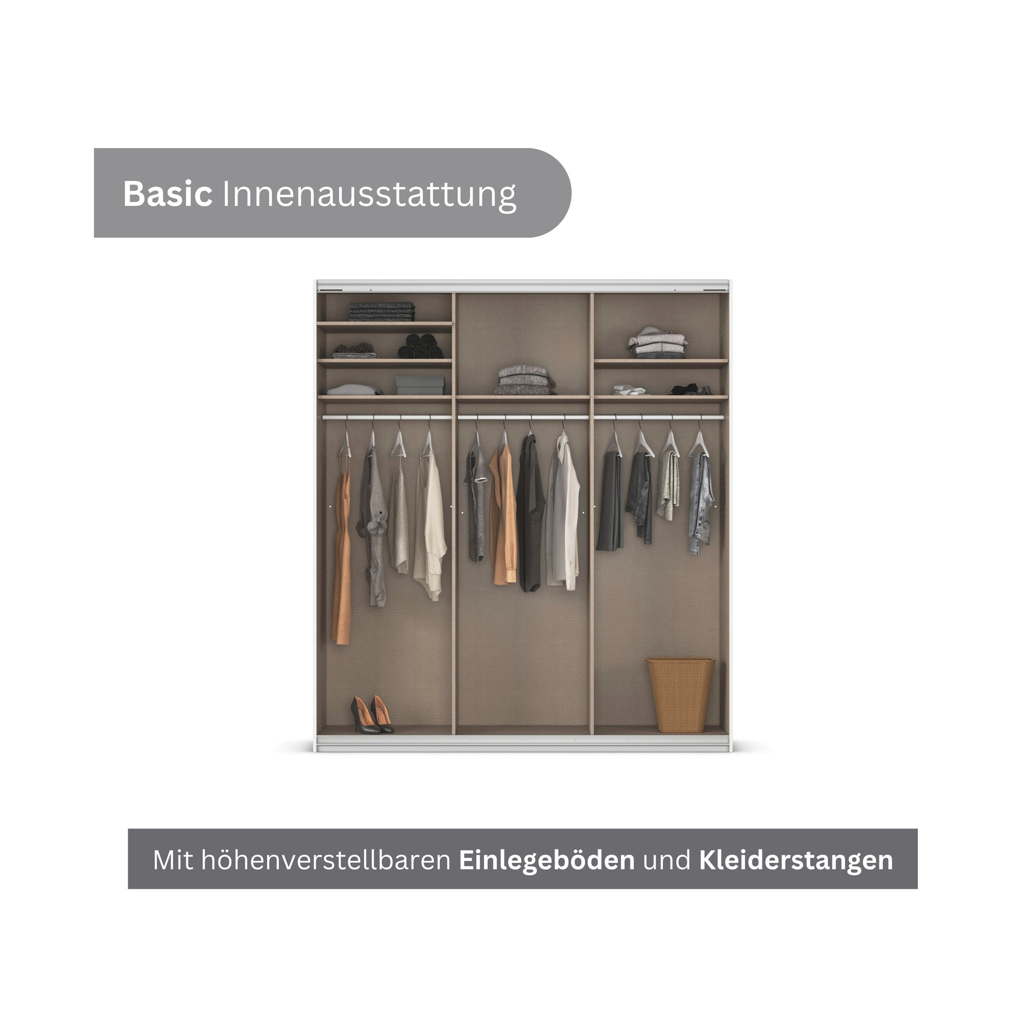 Innenansicht eines Kleiderschranks mit mehreren Einlegeböden und Kleiderstangen für optimale Organisation