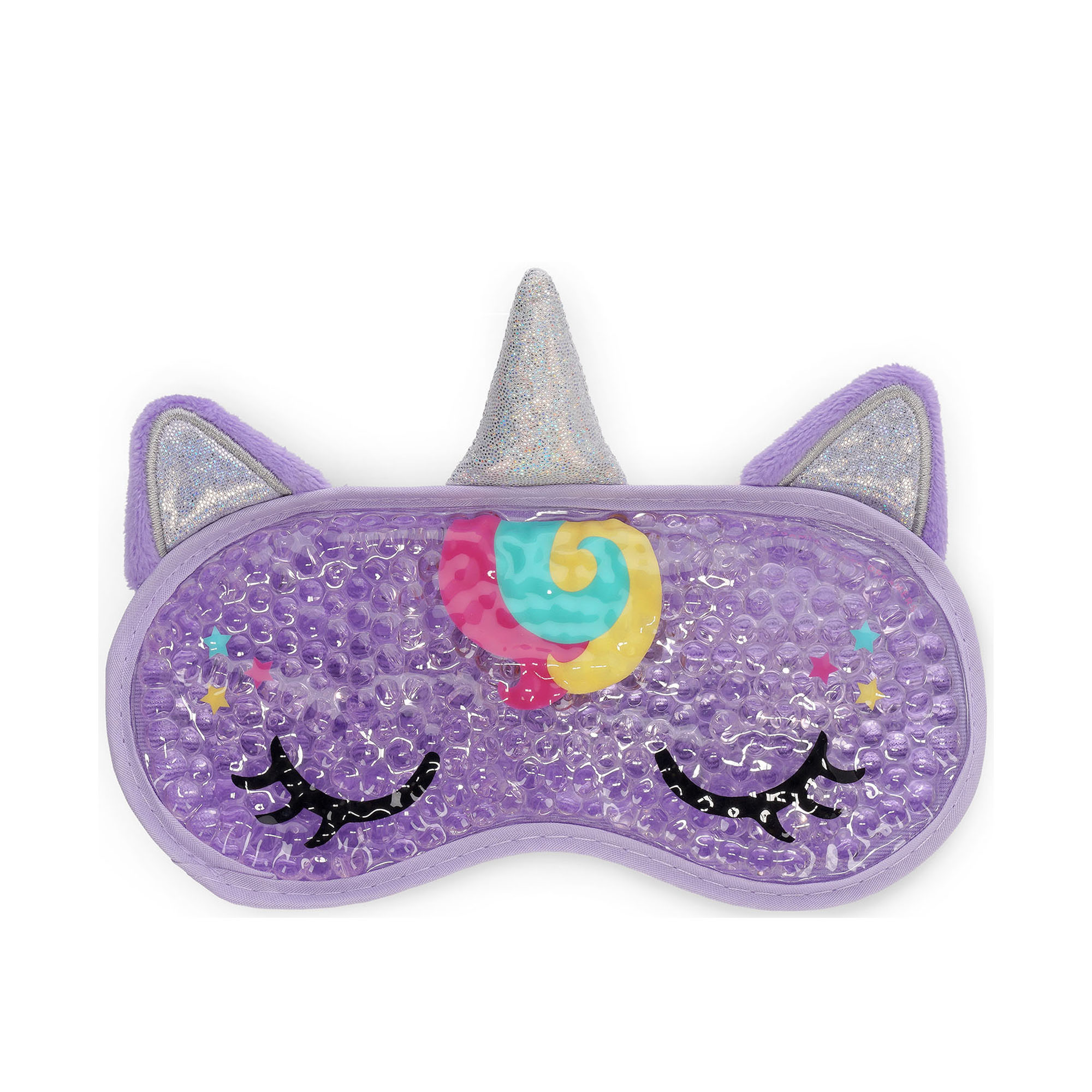 Lila Gel-Augenmaske im Einhorn-Design, frontal mit geschlossenen Augen und Tierohren gezeigt.