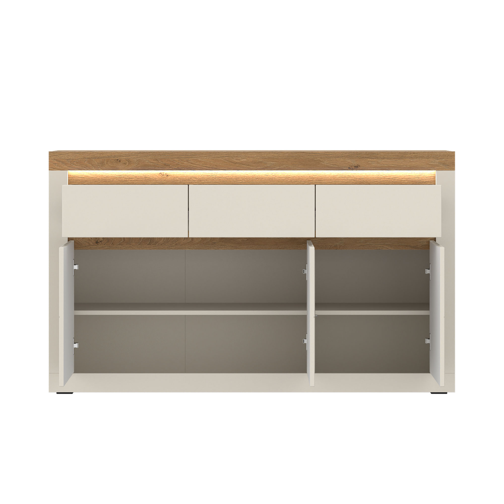 Sideboard in Weiß und Eiche mit geöffneten Türen, Einlegeböden und integrierter LED-Beleuchtung für zusätzlichen Stauraum