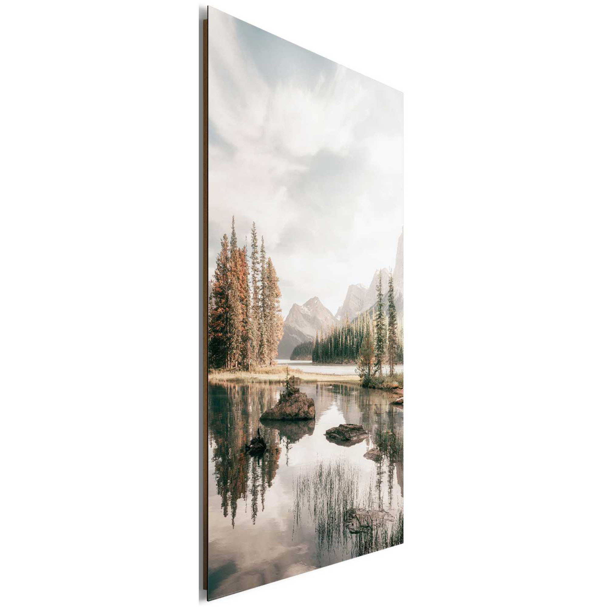 Seitliche Schrägansicht des Wandbilds „Spirit Island“, 60 × 90 cm; Profil, Kante und Tiefe des Bildes sind erkennbar.