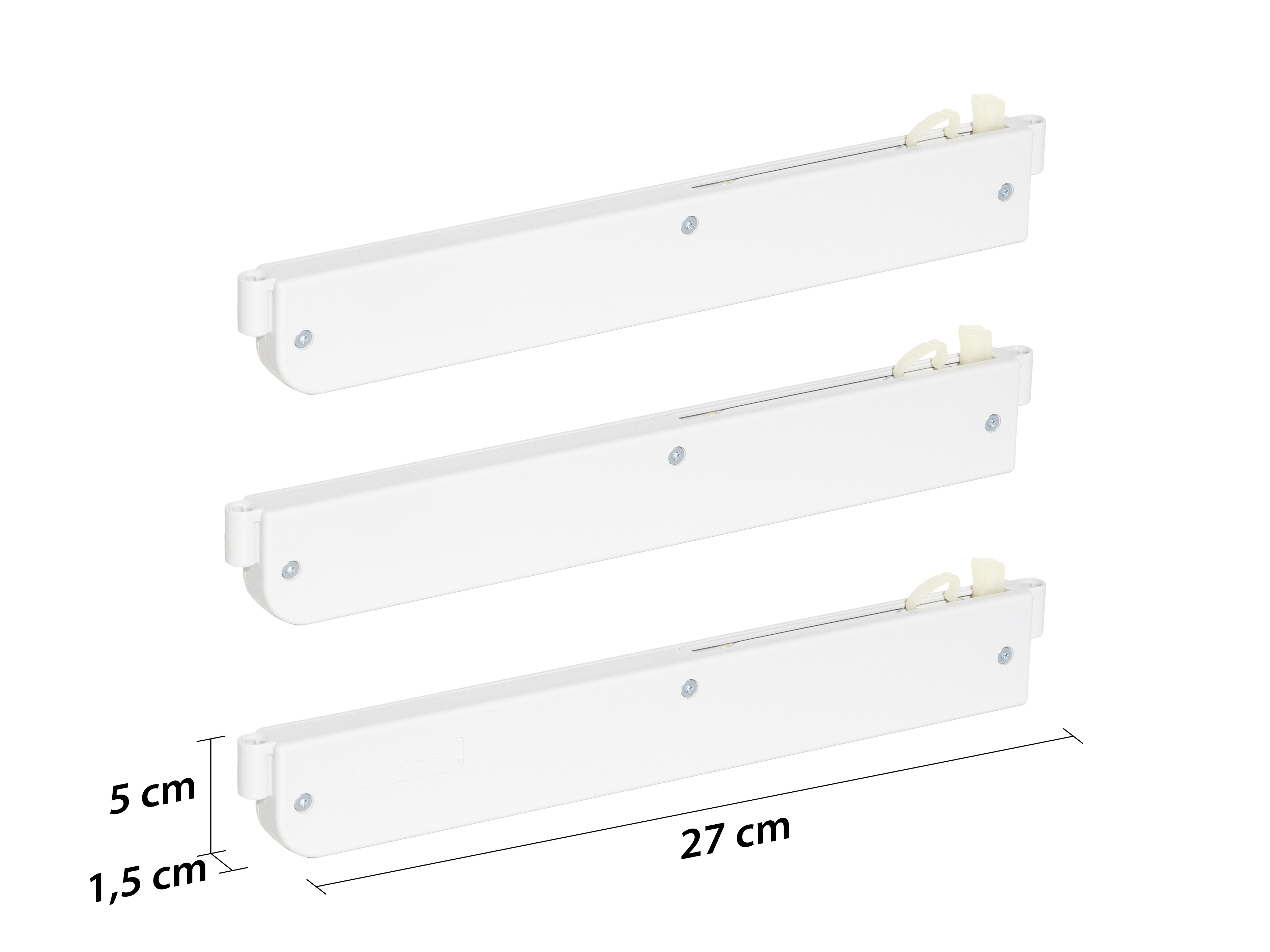 Drei weiße Schwebetürendämpfer mit Schrauben und Kunststoffteilen, daneben Maßangaben 27 cm Länge, 5 cm Höhe und 1,5 cm Tiefe