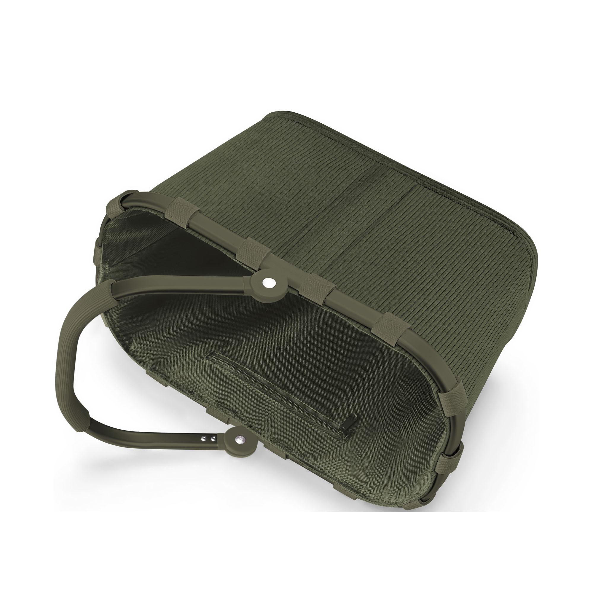 Kleiner Einkaufskorb von Reisenthel, Modell Carrybag XS, in Dunkelgrün aus geripptem Cord, auf die Seite gelegt mit sichtbarem Rahmen und eingeklapptem Griff.