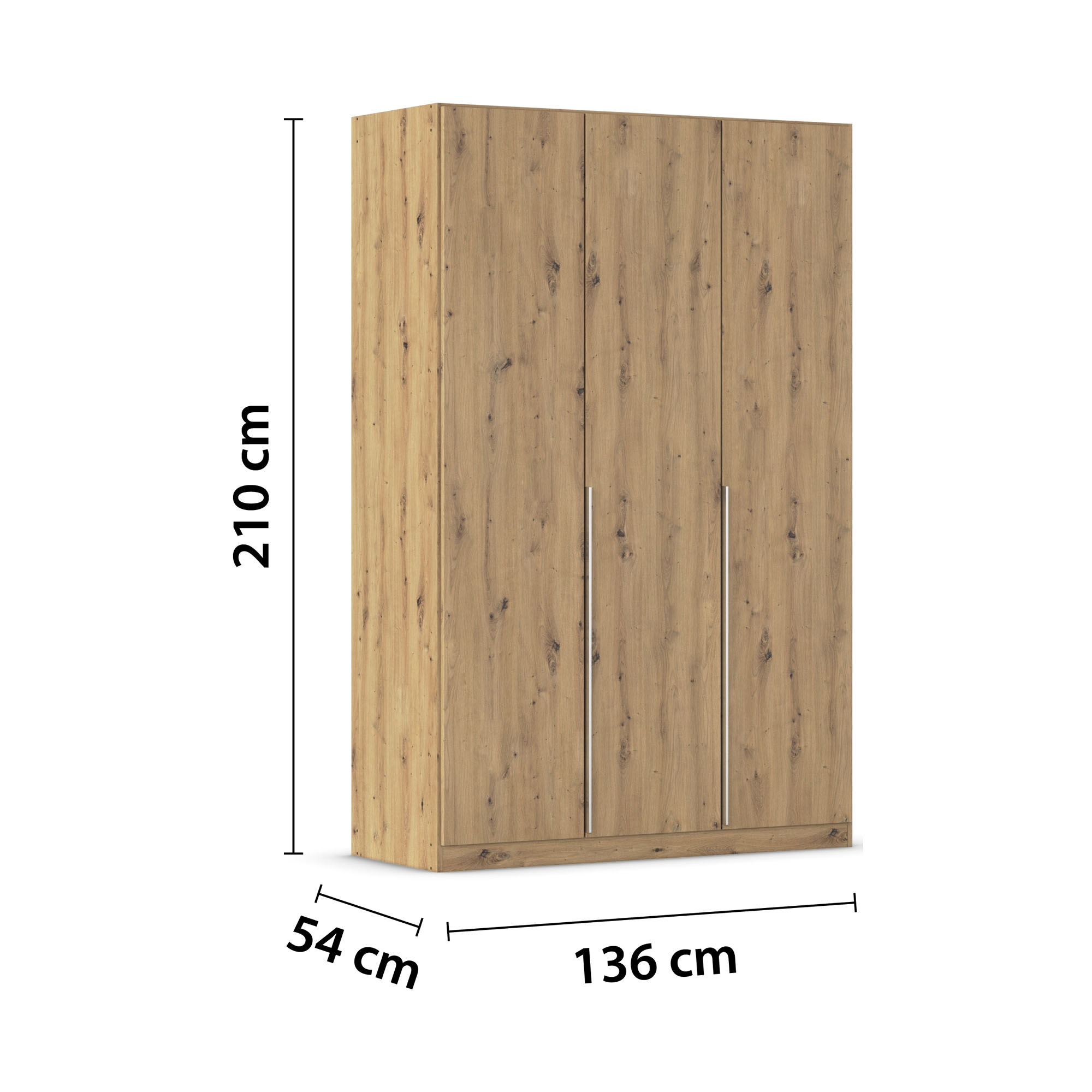 Kleiderschrank in Eiche Artisan mit eingezeichneten Maßen von 210 cm Höhe, 136 cm Breite und 54 cm Tiefe