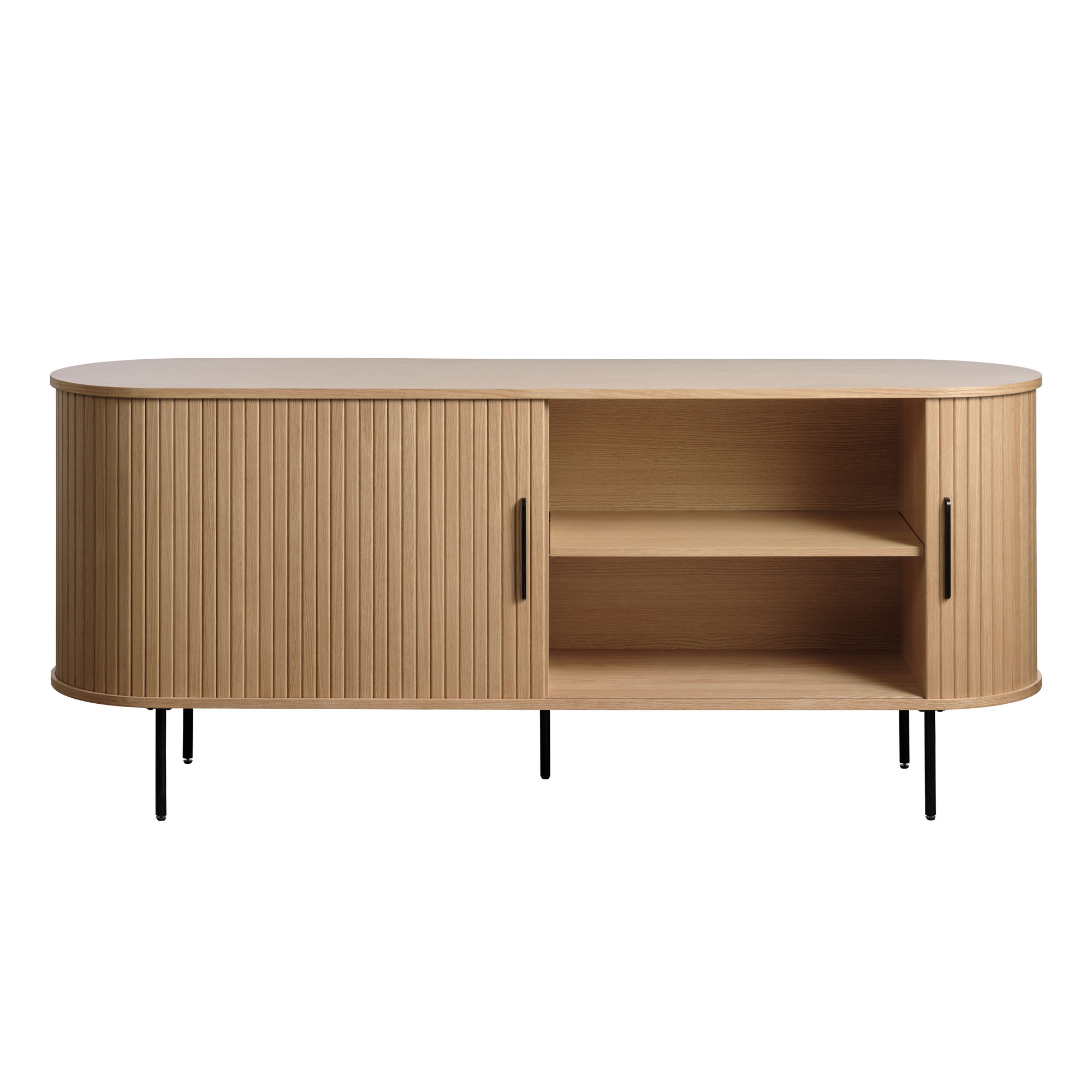 Modernes Sideboard in Holzoptik mit einer geöffneten Schiebetür, die zwei Ablagefächer sichtbar macht.