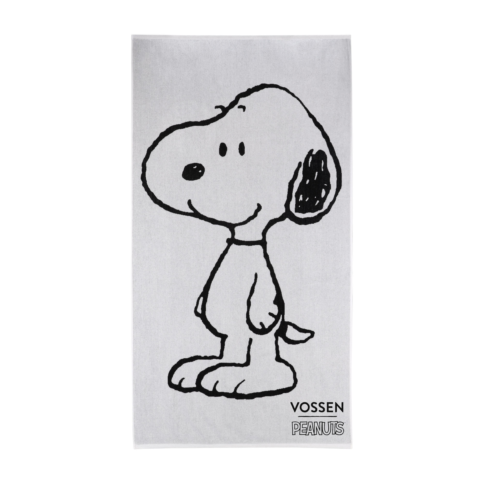 Schwarz-weißes Vossen Strandtuch Snoopy Beach mit Snoopy-Figur als Motiv.