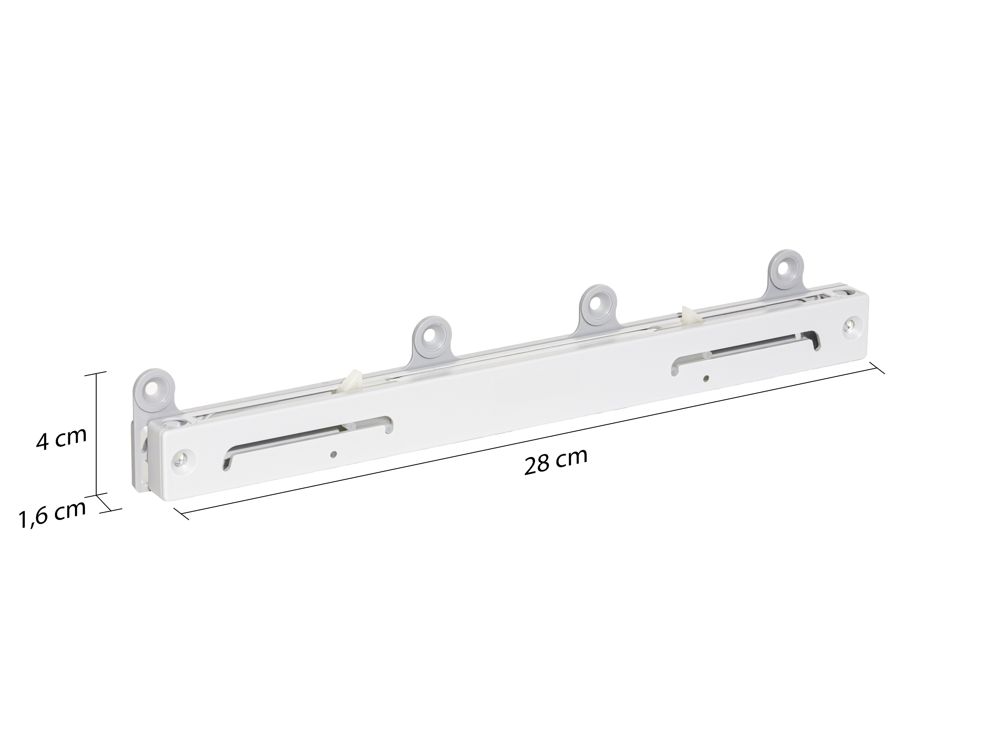 Eine silberfarbene Metallleiste mit Befestigungspunkten liegt auf weißem Hintergrund, daneben sind Maßangaben mit 4 cm Höhe, 1,6 cm Tiefe und 28 cm Länge angegeben