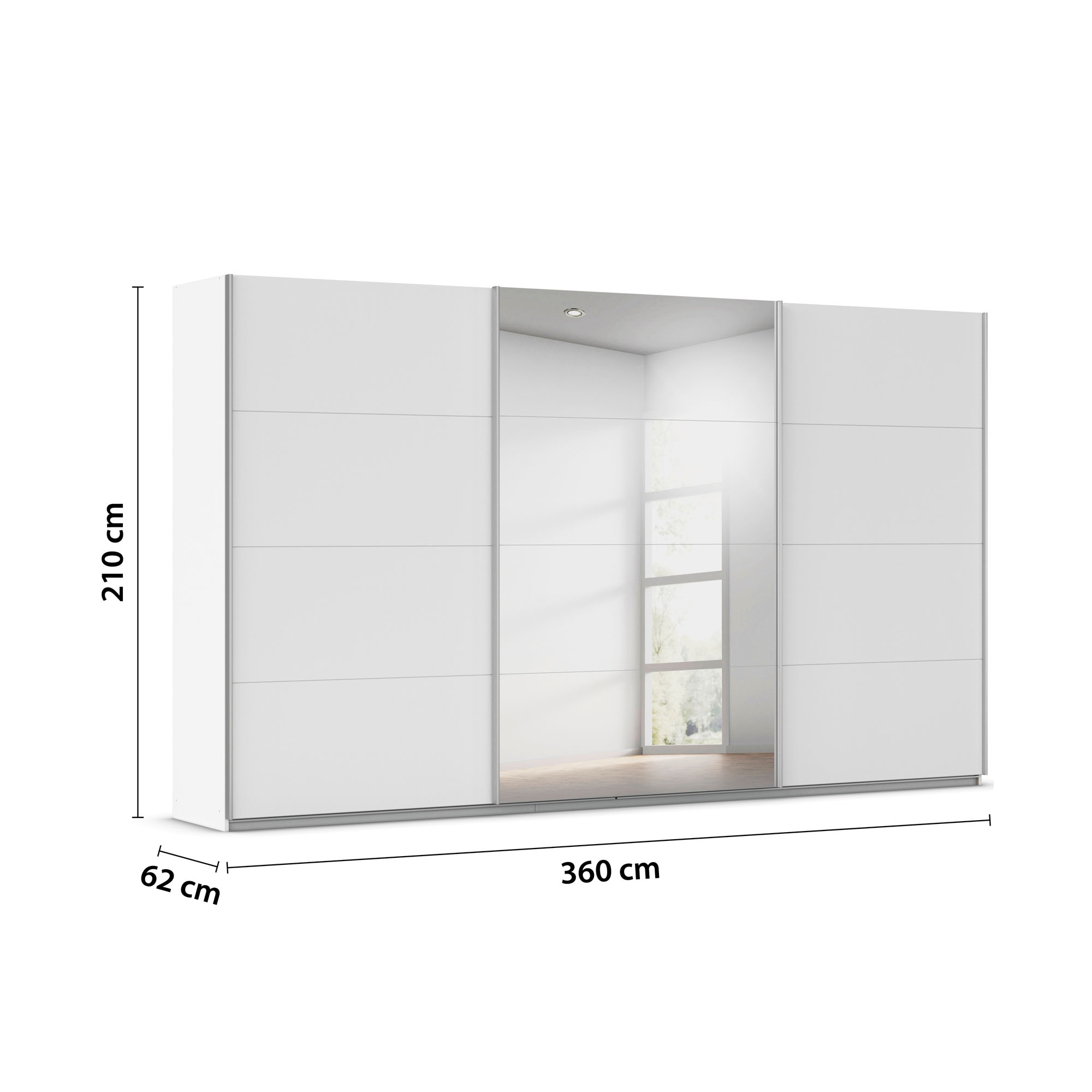 Darstellung der Schrankmaße mit 360 cm Breite, 210 cm Höhe und 62 cm Tiefe