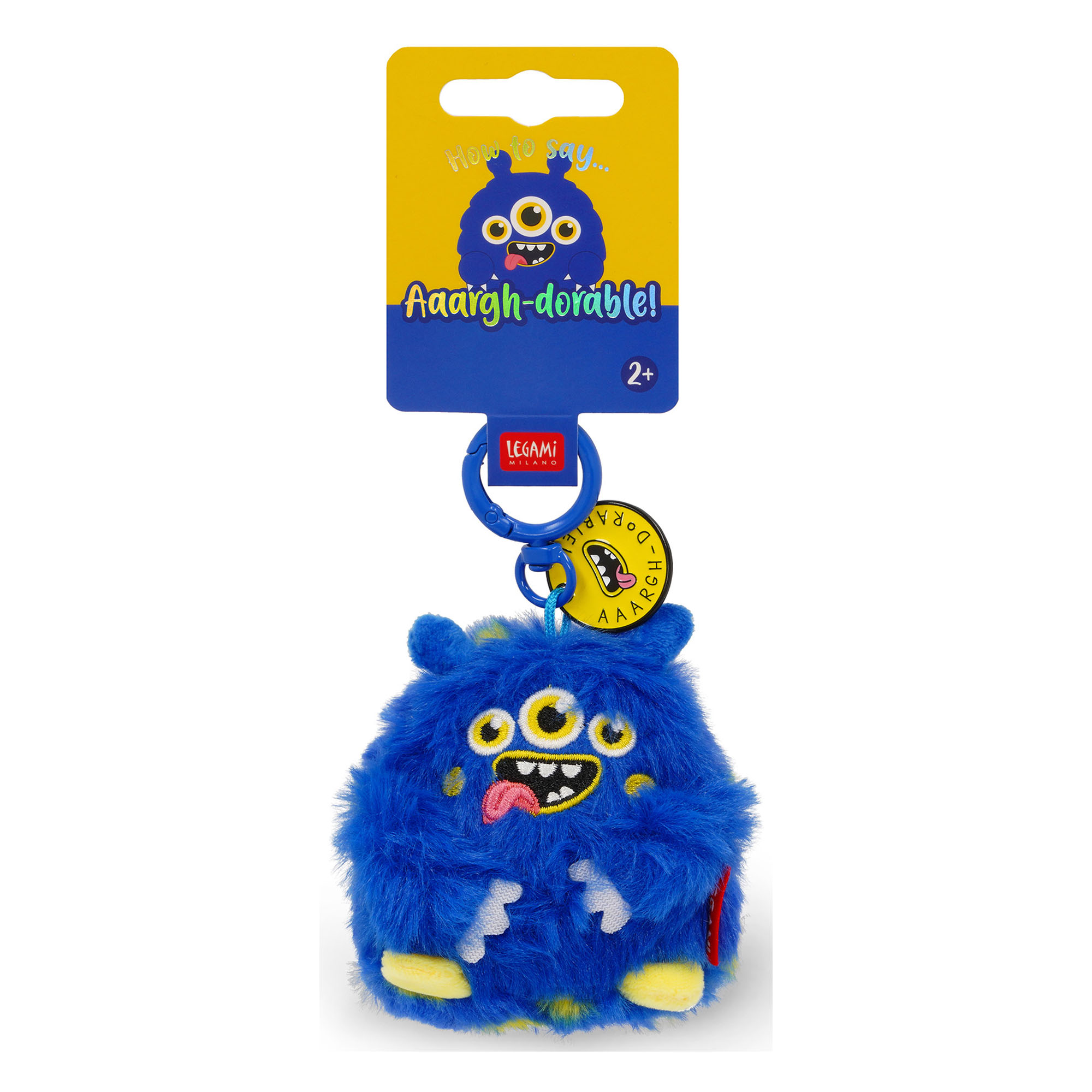 Blauer Monster-Plüsch-Schlüsselanhänger, an der Vorderseite der Kartonaufhängung gezeigt.