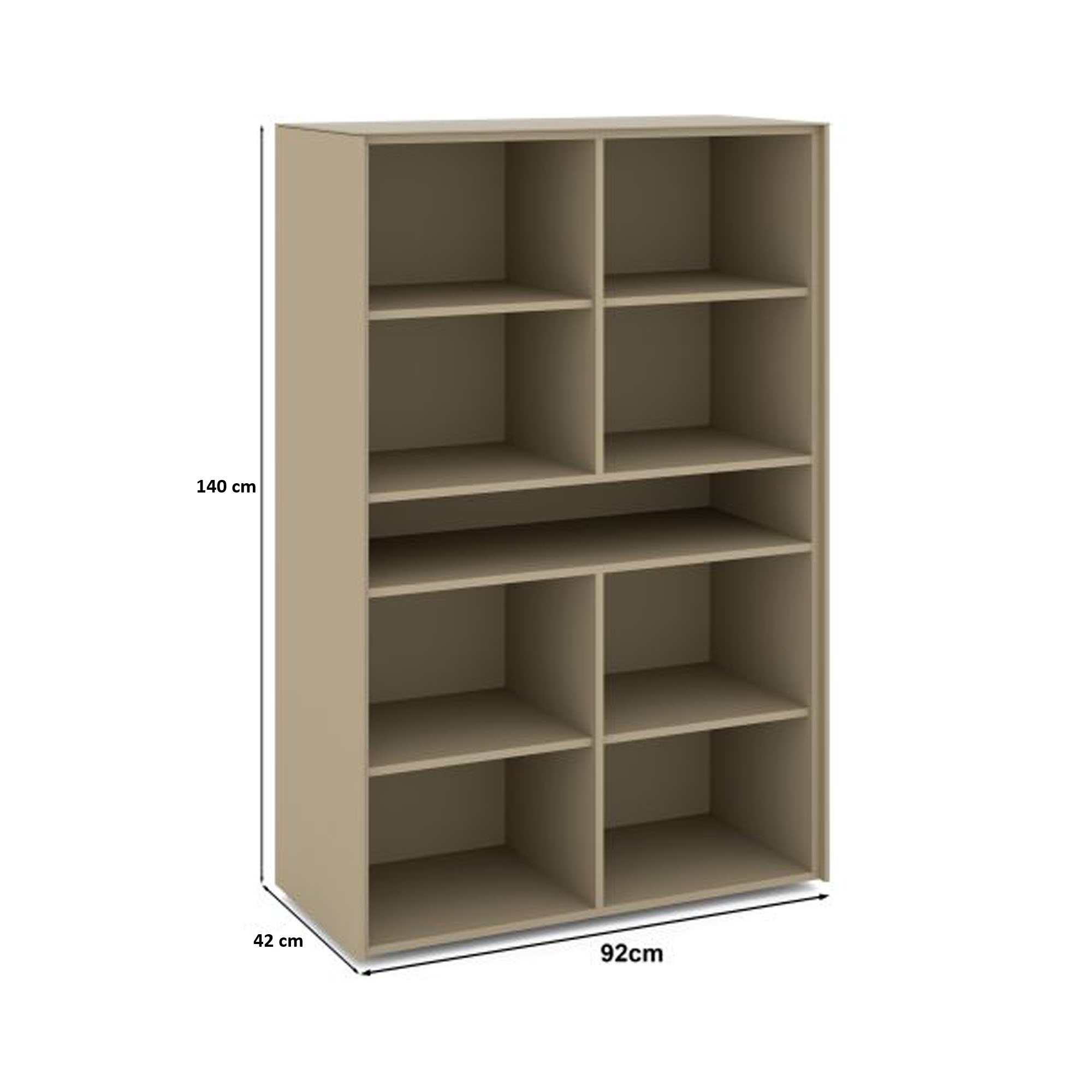 Darstellung der Innenaufteilung des Highboards in Taupe mit mehreren Einlegeböden und Staufächern. Maße: 92 cm breit, 140 cm hoch und 42 cm tief.
