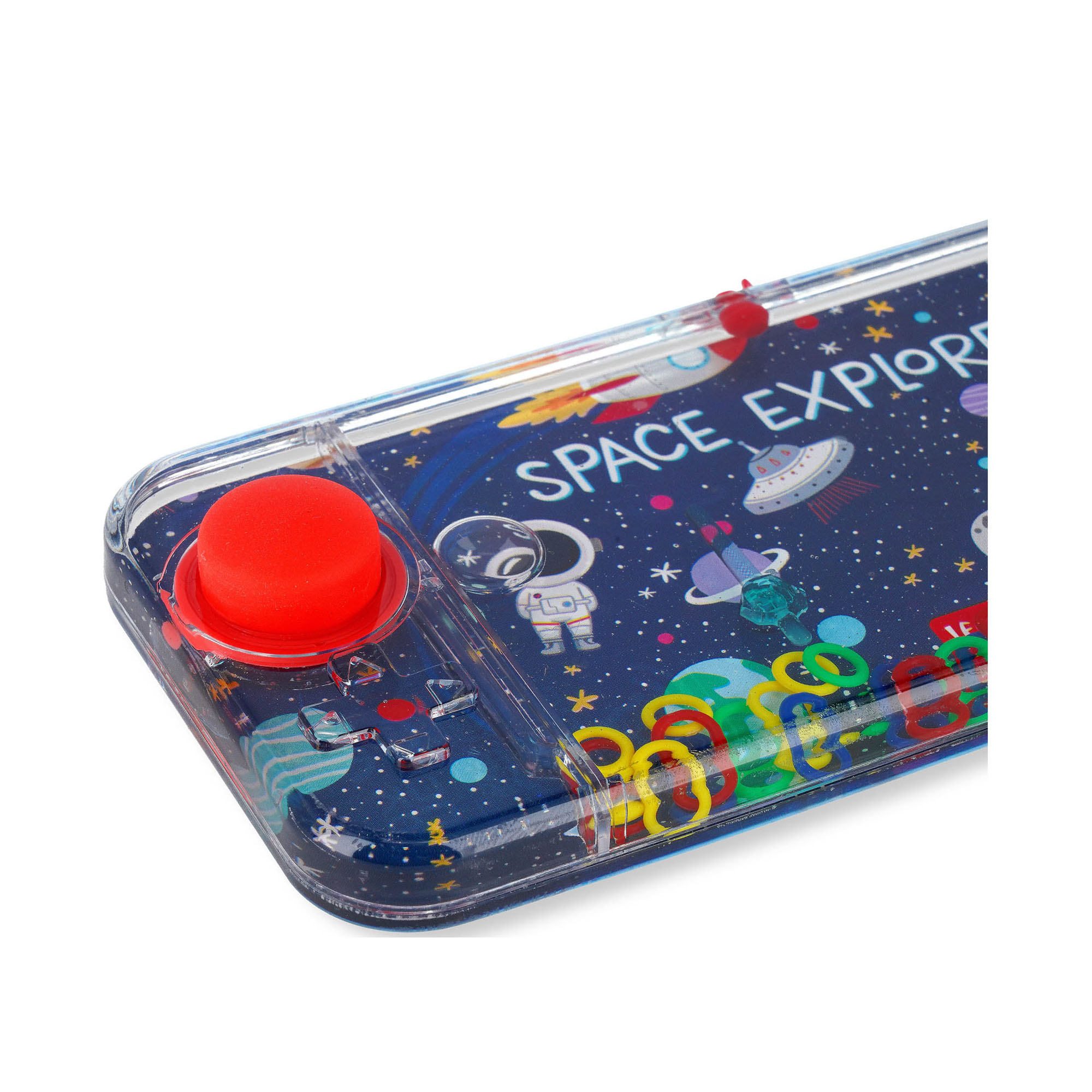 Mini-Wasserspiel mit Weltraummotiv, schräg von oben mit transparentem Wassergehäuse dargestellt.