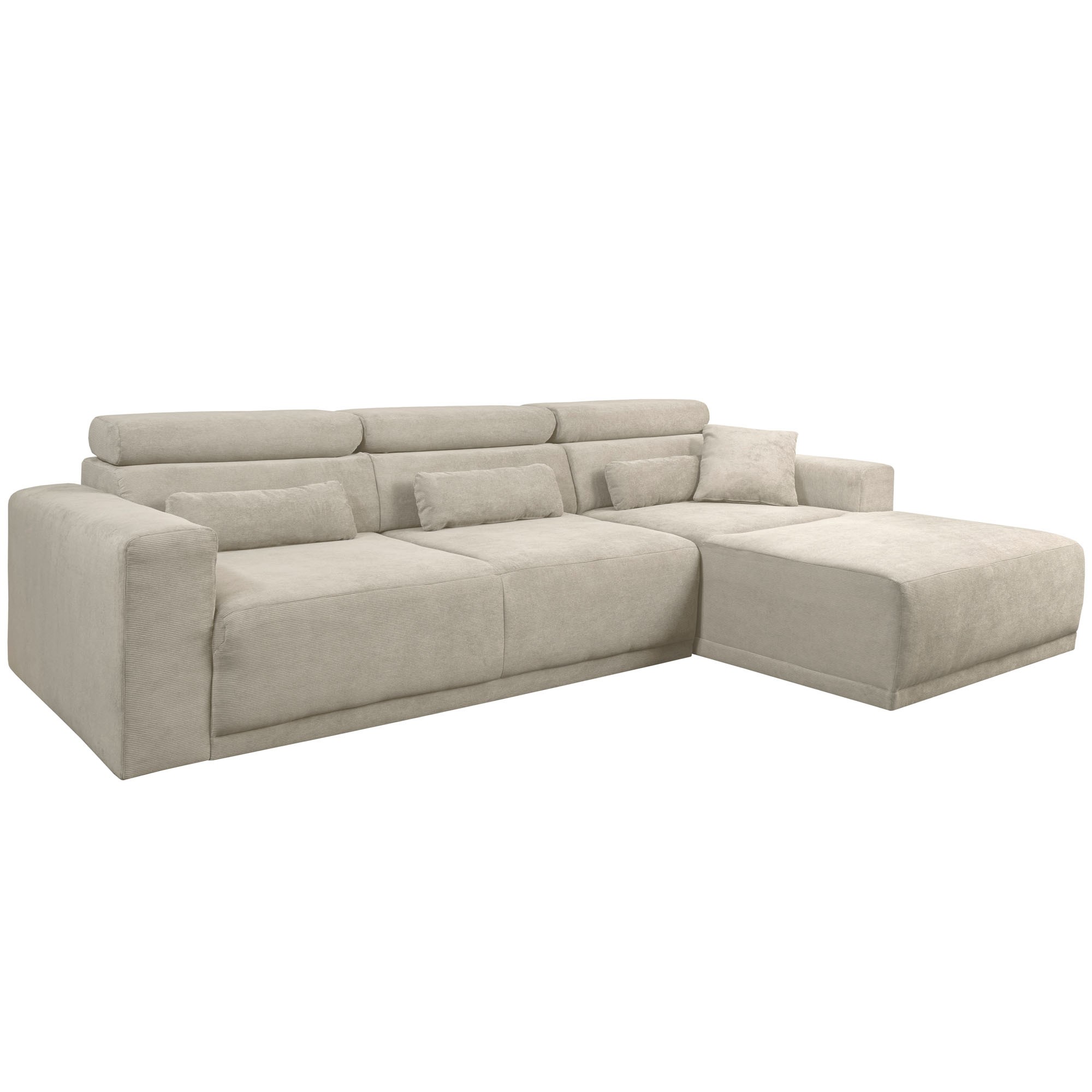 Beiges Ecksofa mit breiten Armlehnen, verstellbaren Kopfstützen und passenden Kissen