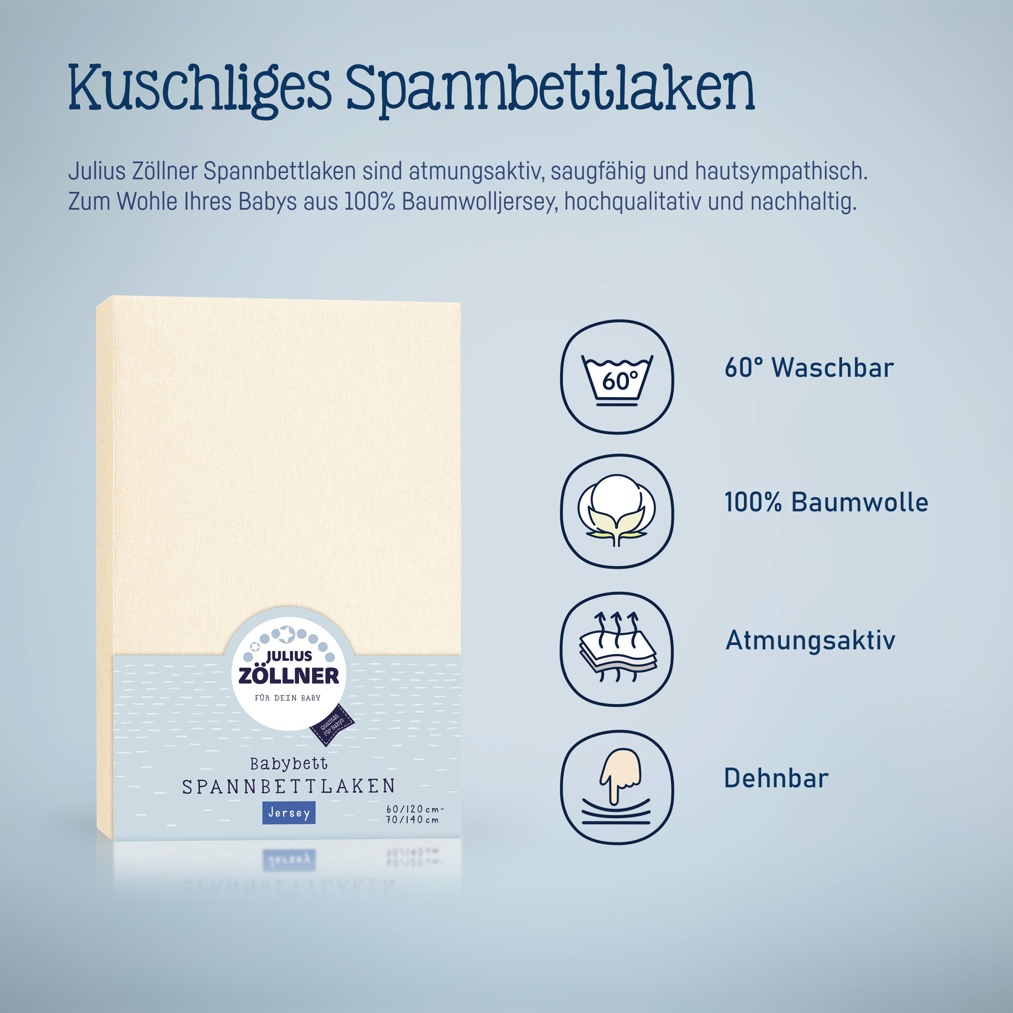 Verpacktes ecrufarbenes Julius Zöllner Spannbettlaken mit grafischen Symbolen zu 60° Waschbarkeit, 100 % Baumwolle, Atmungsaktivität und Dehnbarkeit