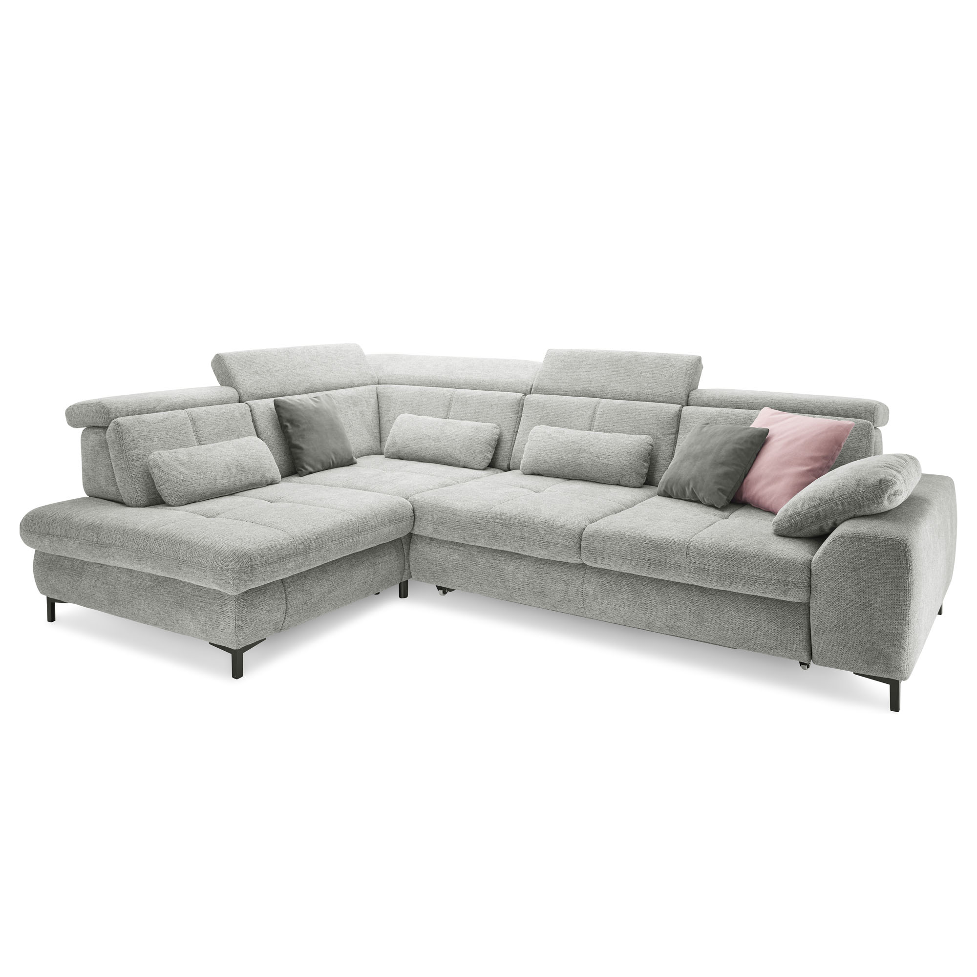 Ecksofa Musterring SO 3400 mit Longchair, verstellbaren Kopfstützen und mehreren Rückenkissen in Frontansicht