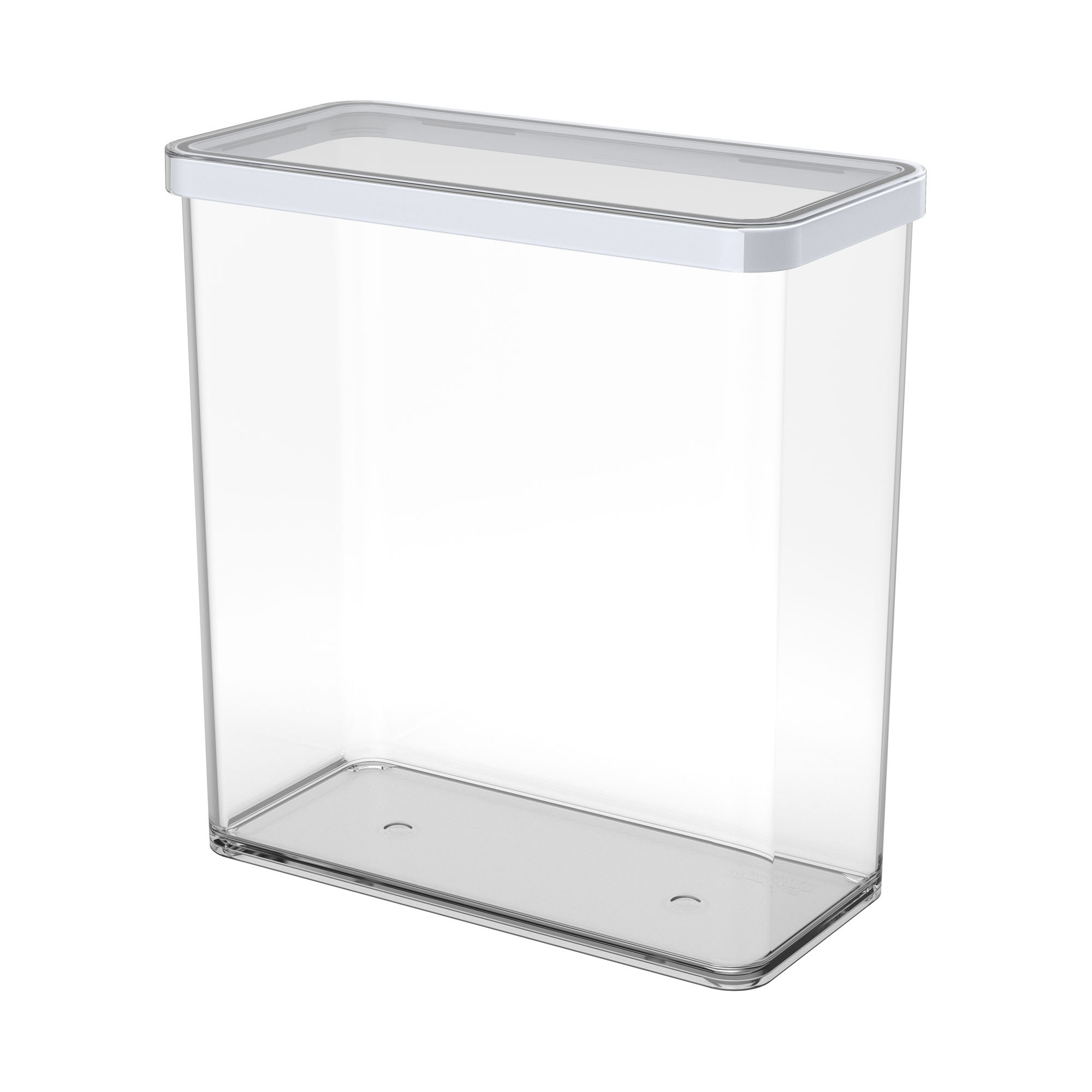 Transparente rechteckige Vorratsdose mit weißem Deckel auf weißem Hintergrund