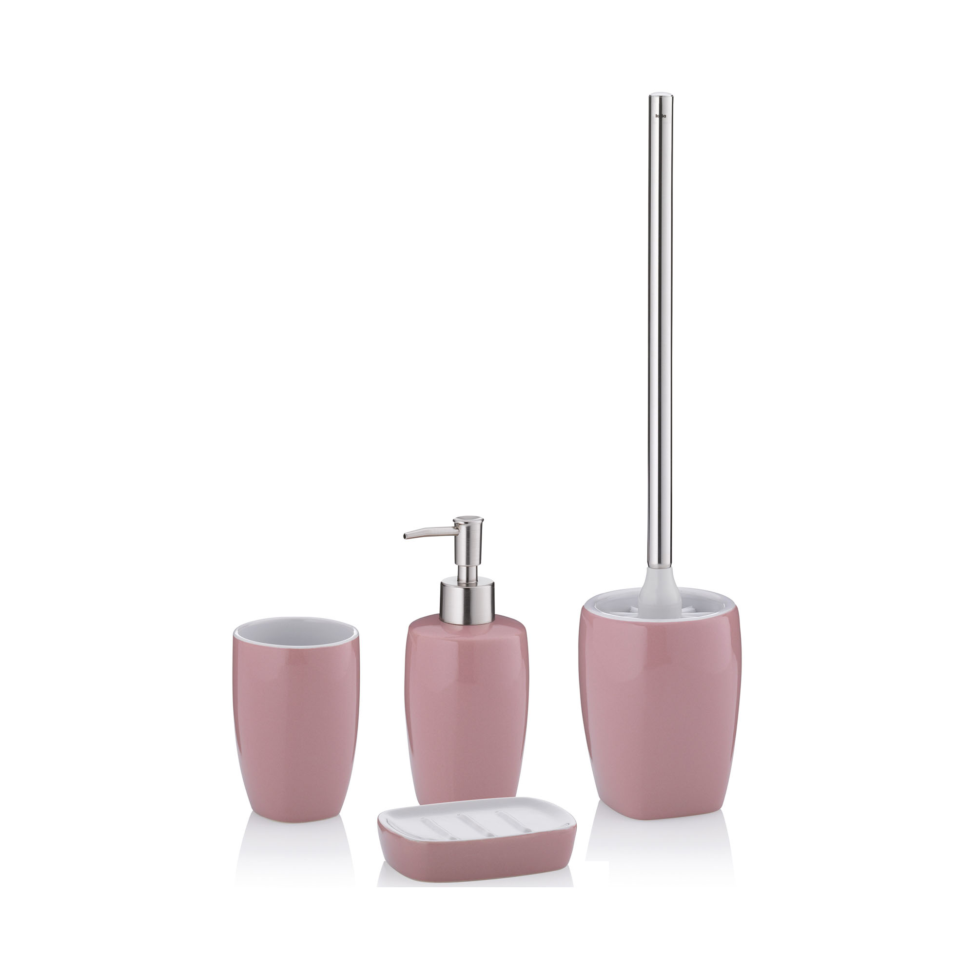 Rosa Badaccessoires Set mit Seifenspender Seifenschale Zahnputzbecher und Toilettenbürste