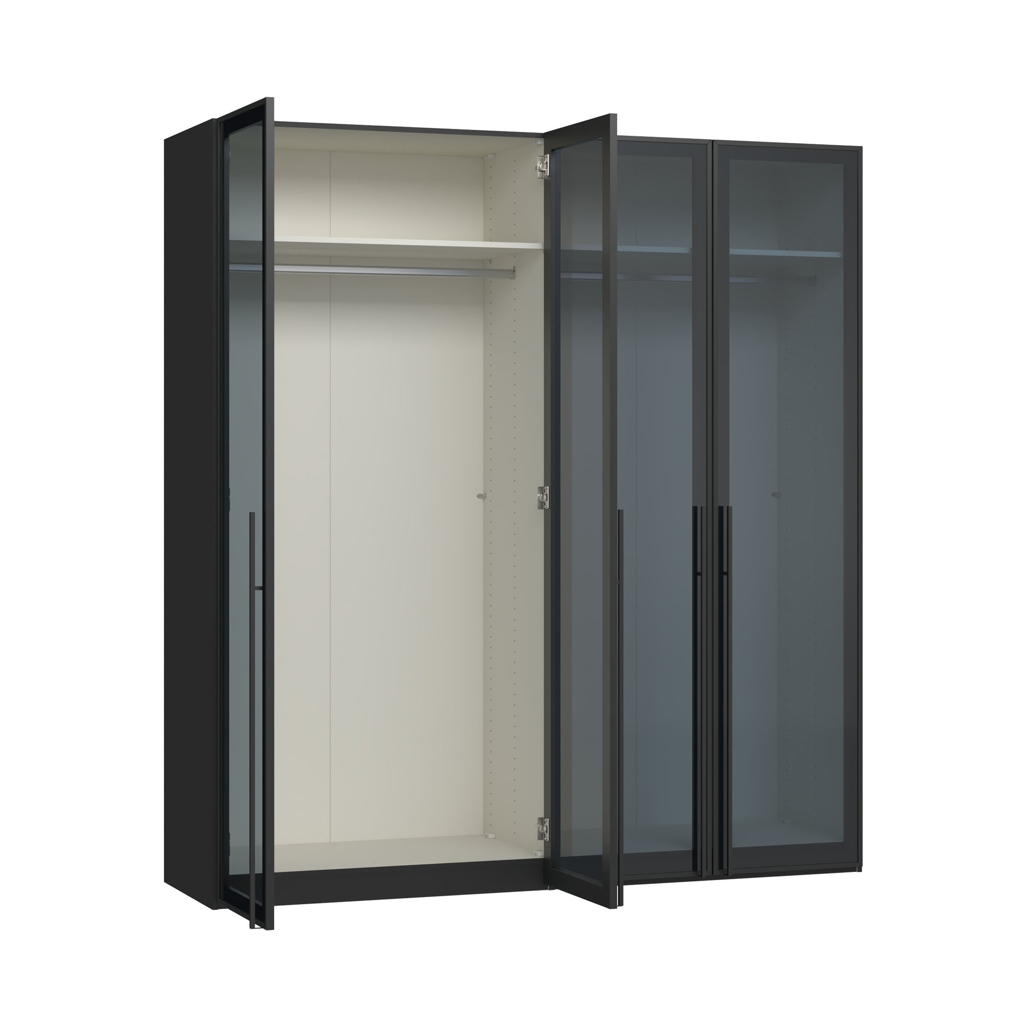 Drehtürenschrank mit geöffneter Glastür und Blick in den Innenraum