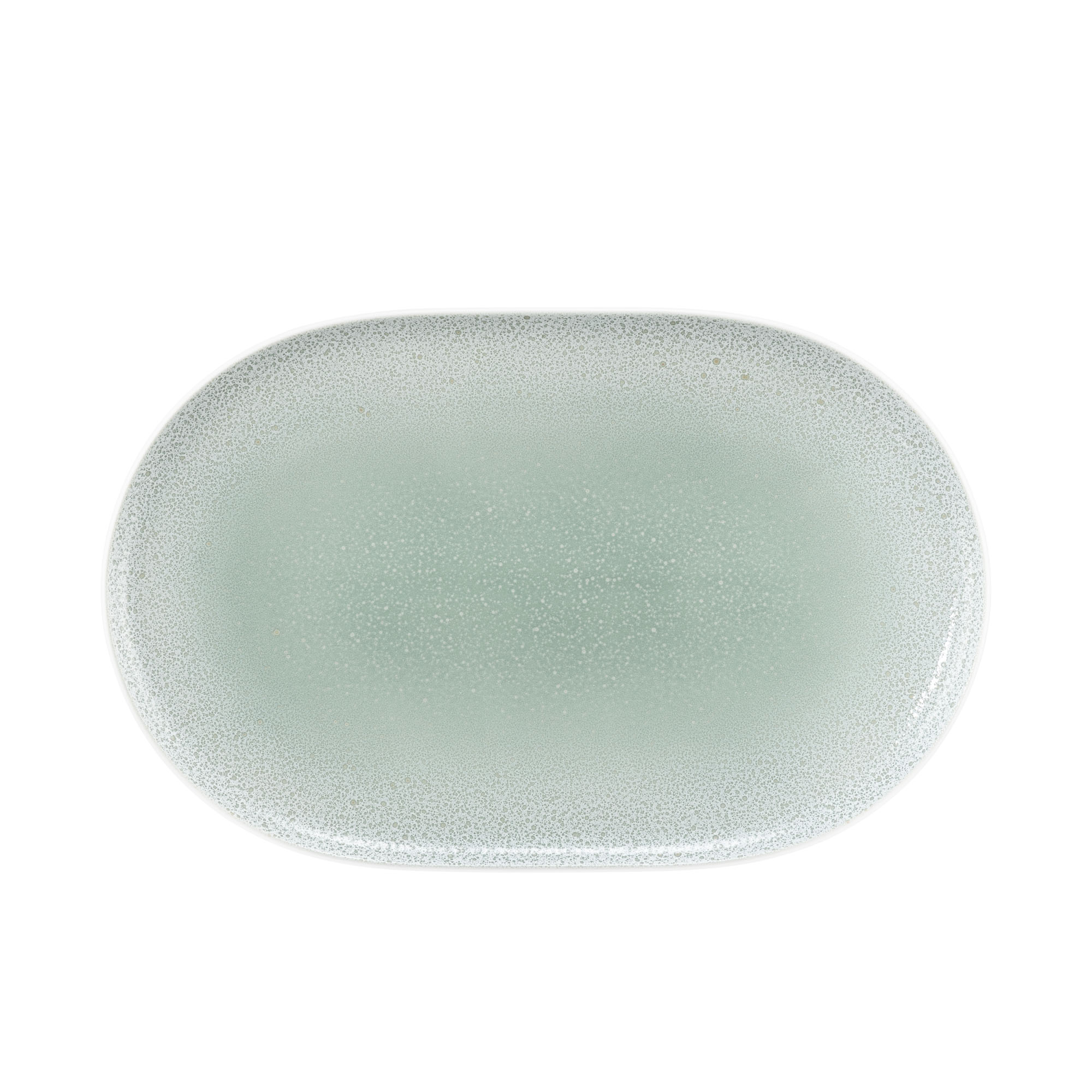 Servierplatte in Mint. Sichtbare Merkmale: ovale Form mit abgerundeten Ecken und feiner Sprenkelung. Darstellung: Draufsicht.