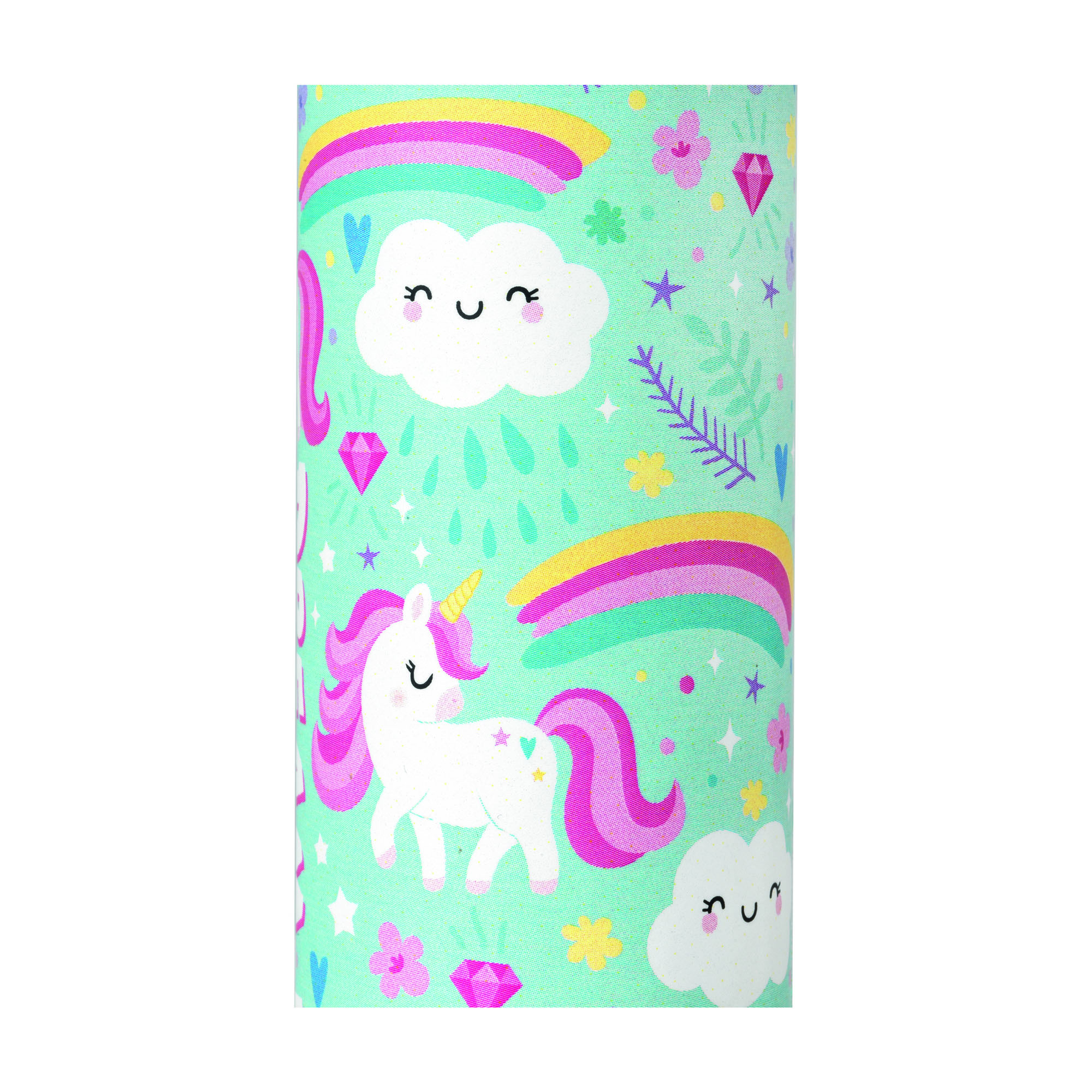 Mintfarbenes Kaleidoskop im Einhorn-Design, mit der bedruckten Motivkarte des Kaleidoskops dargestellt.