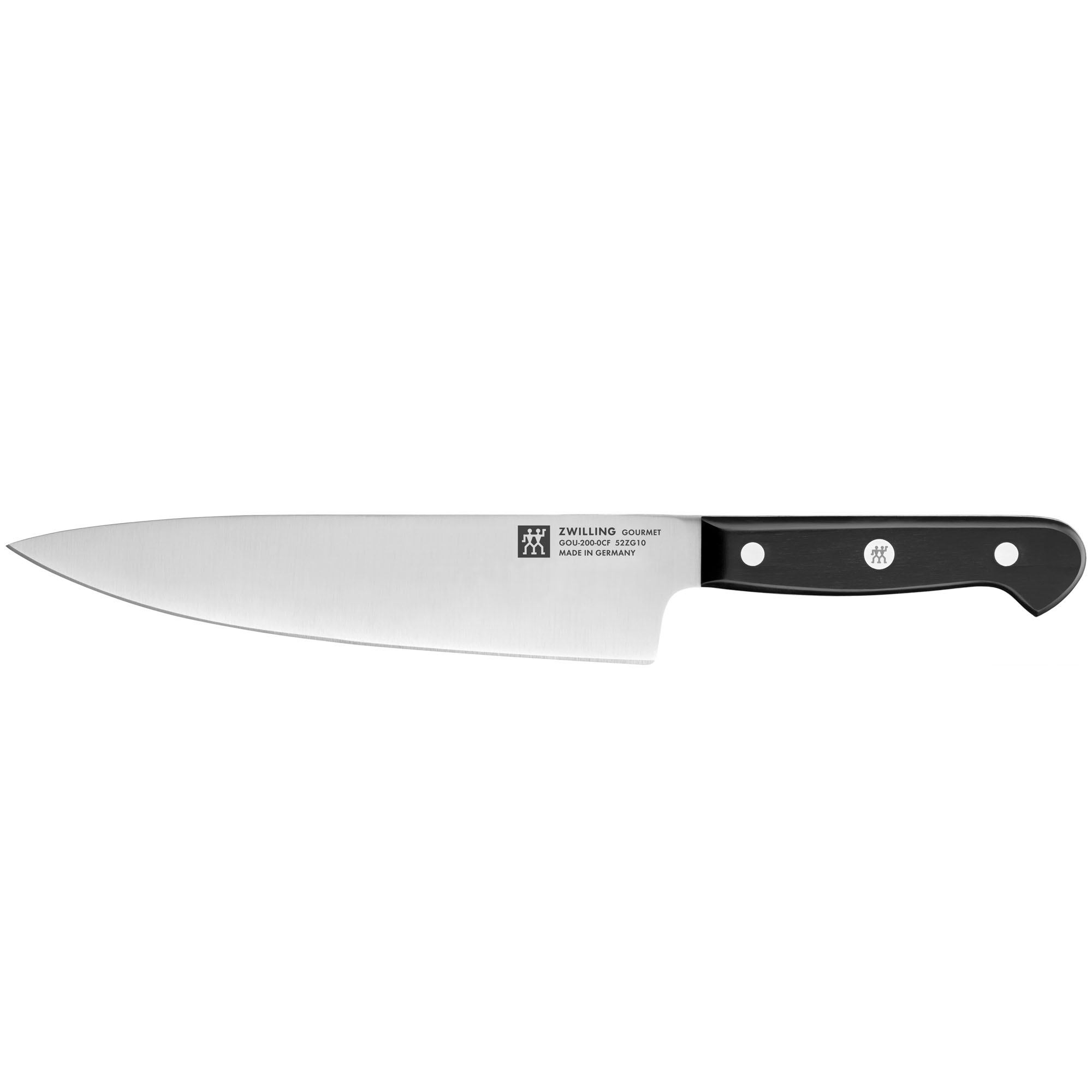 Kochmesser mit breiter Klinge und Griff, Serie Gourmet von ZWILLING, Klingenlänge 200 mm, freigestellt auf weißem Hintergrund.