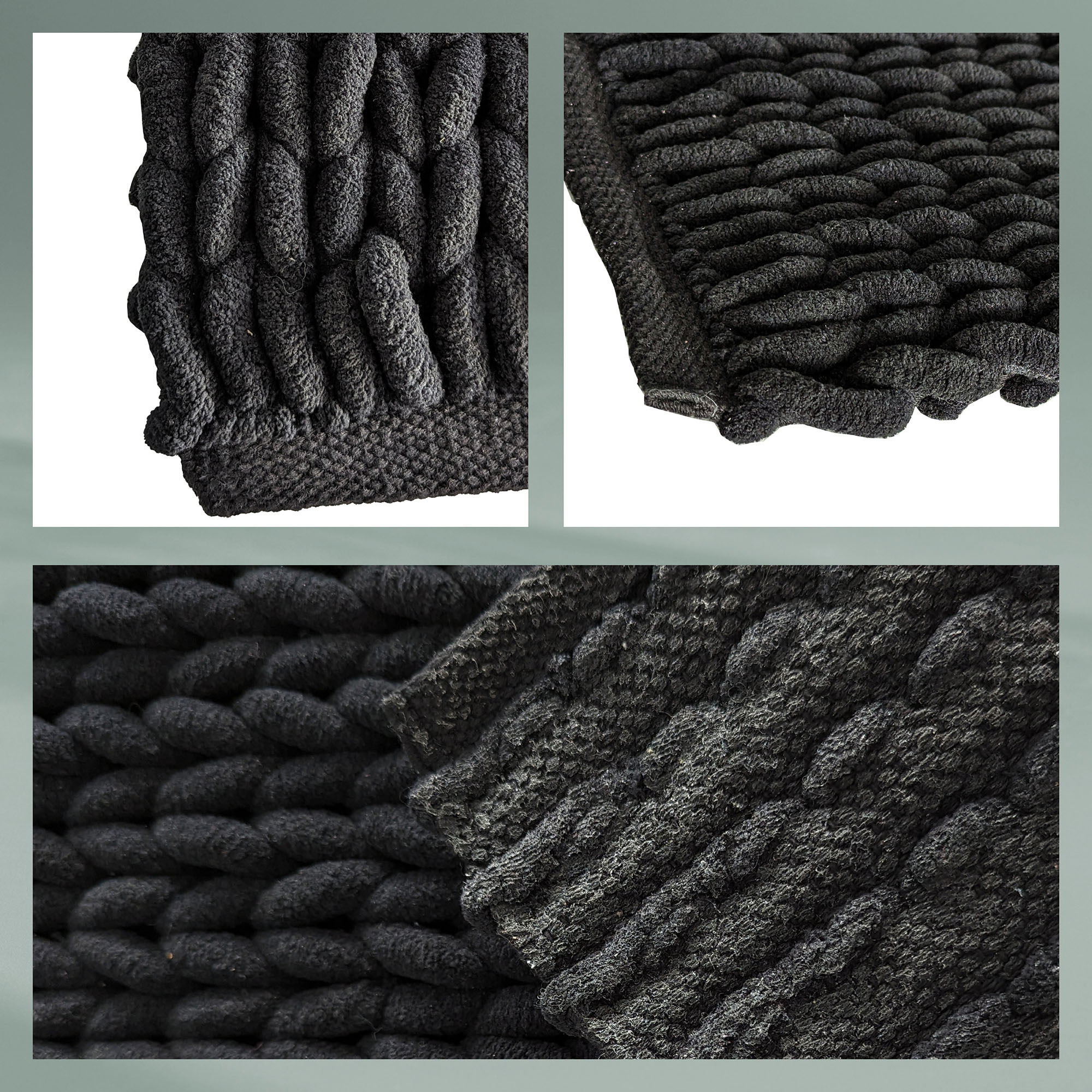 Vier Nahaufnahmen der schwarzen Badematte mit unterschiedlich sichtbaren Schlingen, Flechtmustern und dicht angeordneten Fasern
