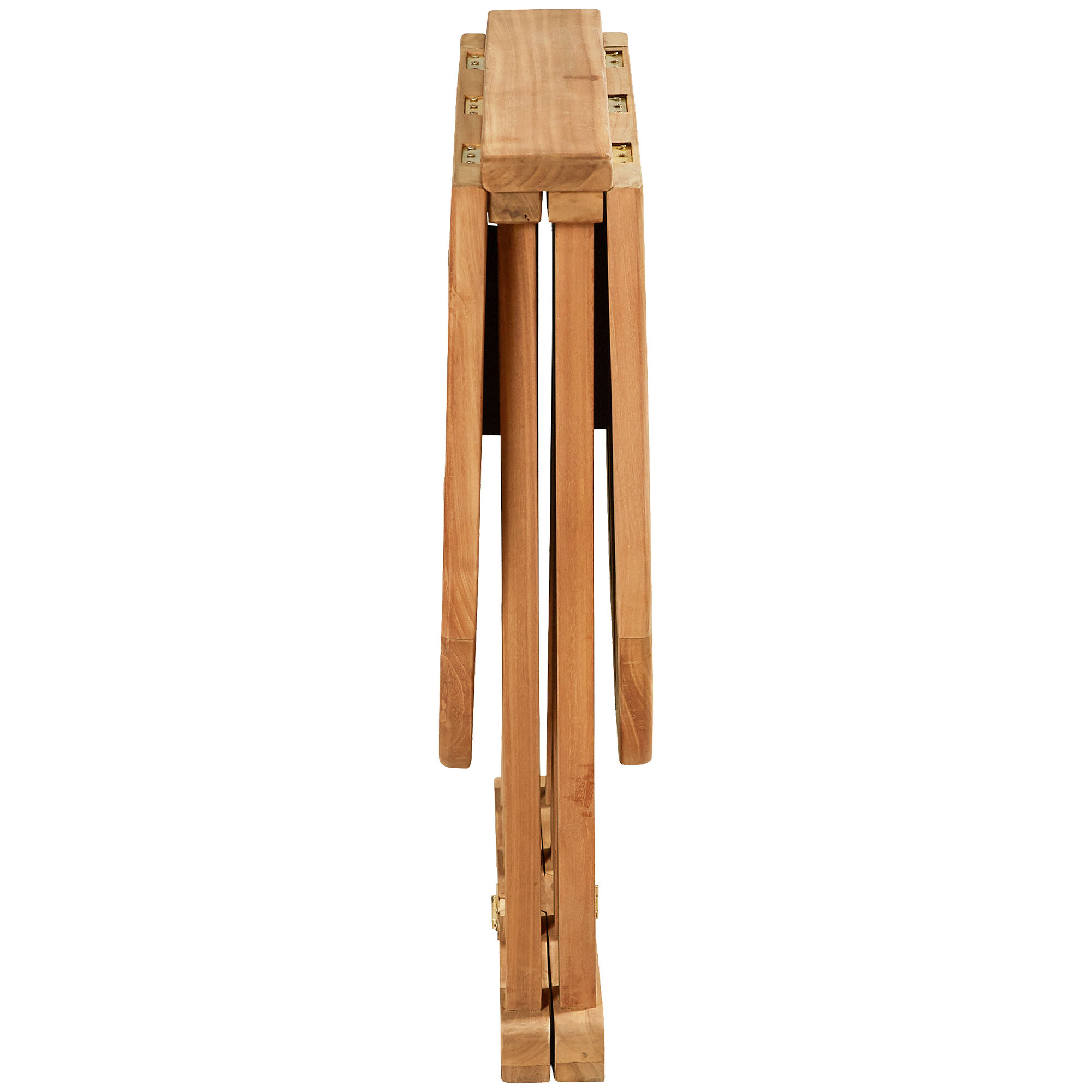 seitliche Ansicht eines zusammengeklappten runden Holztischs aus Holz