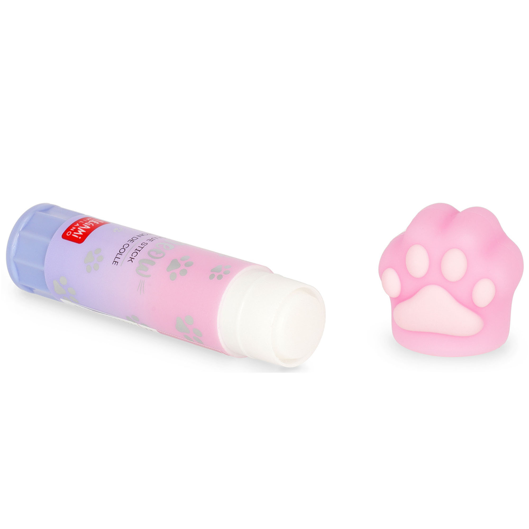 Rosa Klebestift mit Katzenpfoten-Kappe, waagerecht mit sichtbarem Klebestift und separat liegender Kappe dargestellt.