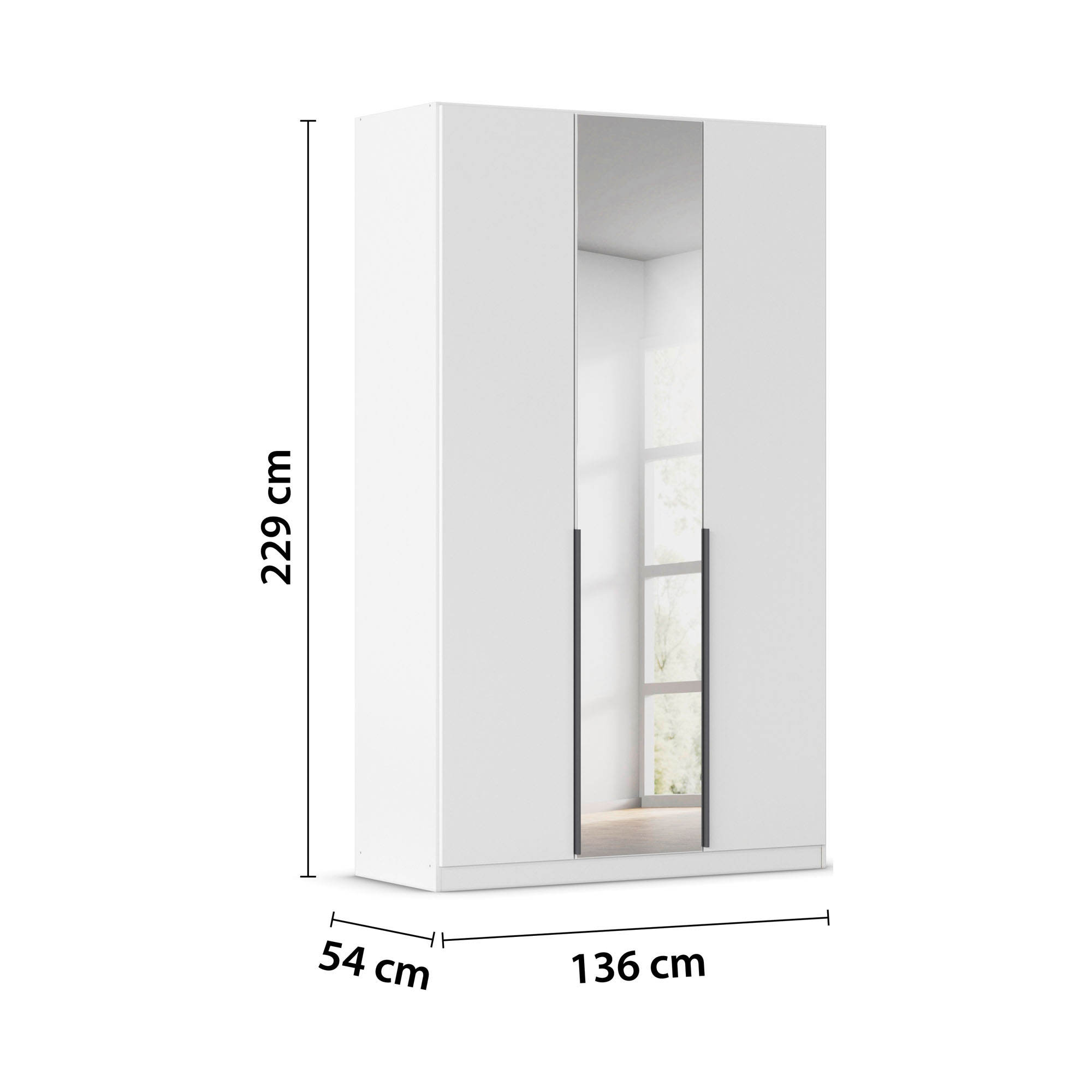 Weißer Kleiderschrank mit eingezeichneten Maßen 136 cm Breite, 229 cm Höhe und 54 cm Tiefe