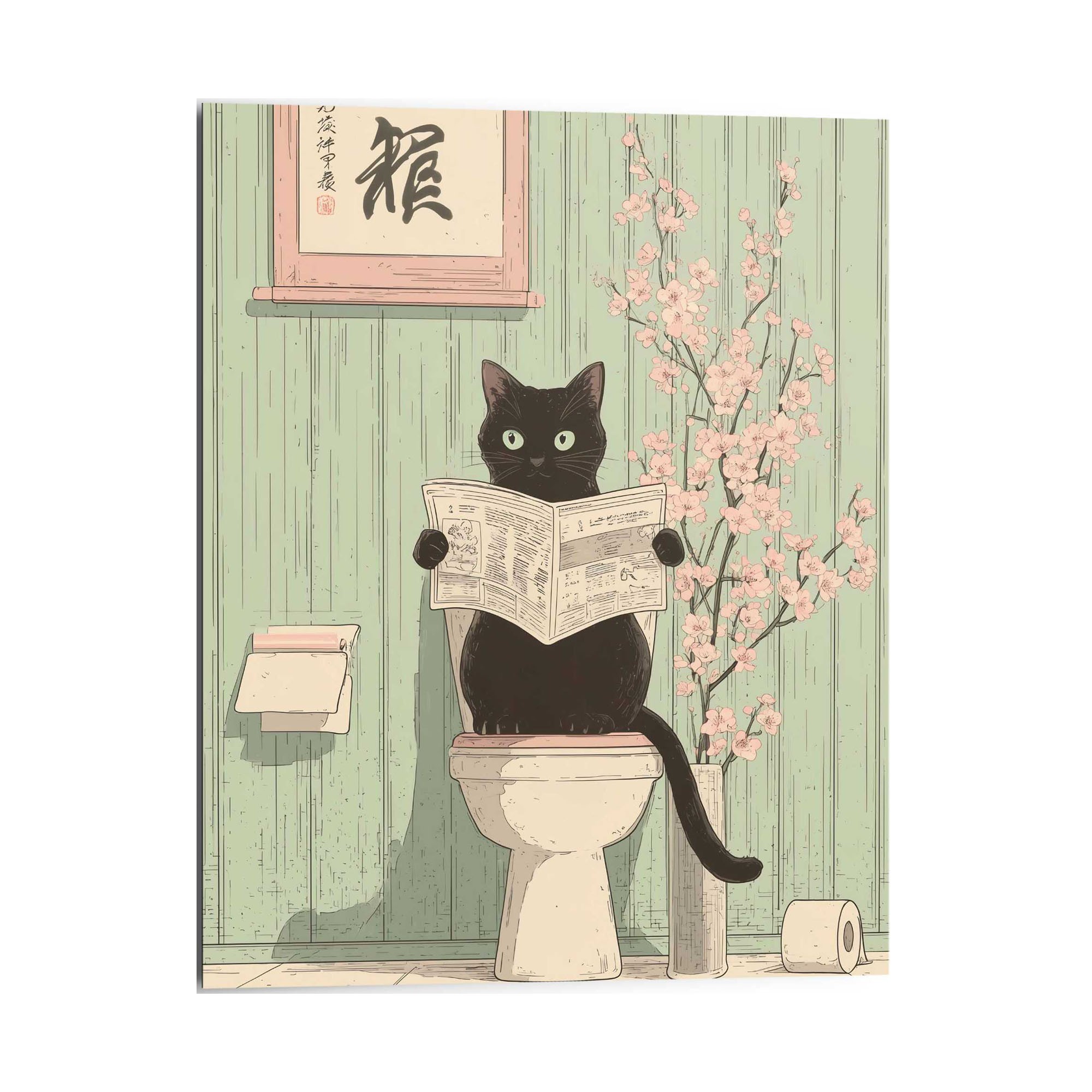Frontansicht des Wandbilds „Japandi Toilet Cat“ in Grün, Größe 40 × 50 cm; das vollständige Motiv ist zu sehen.