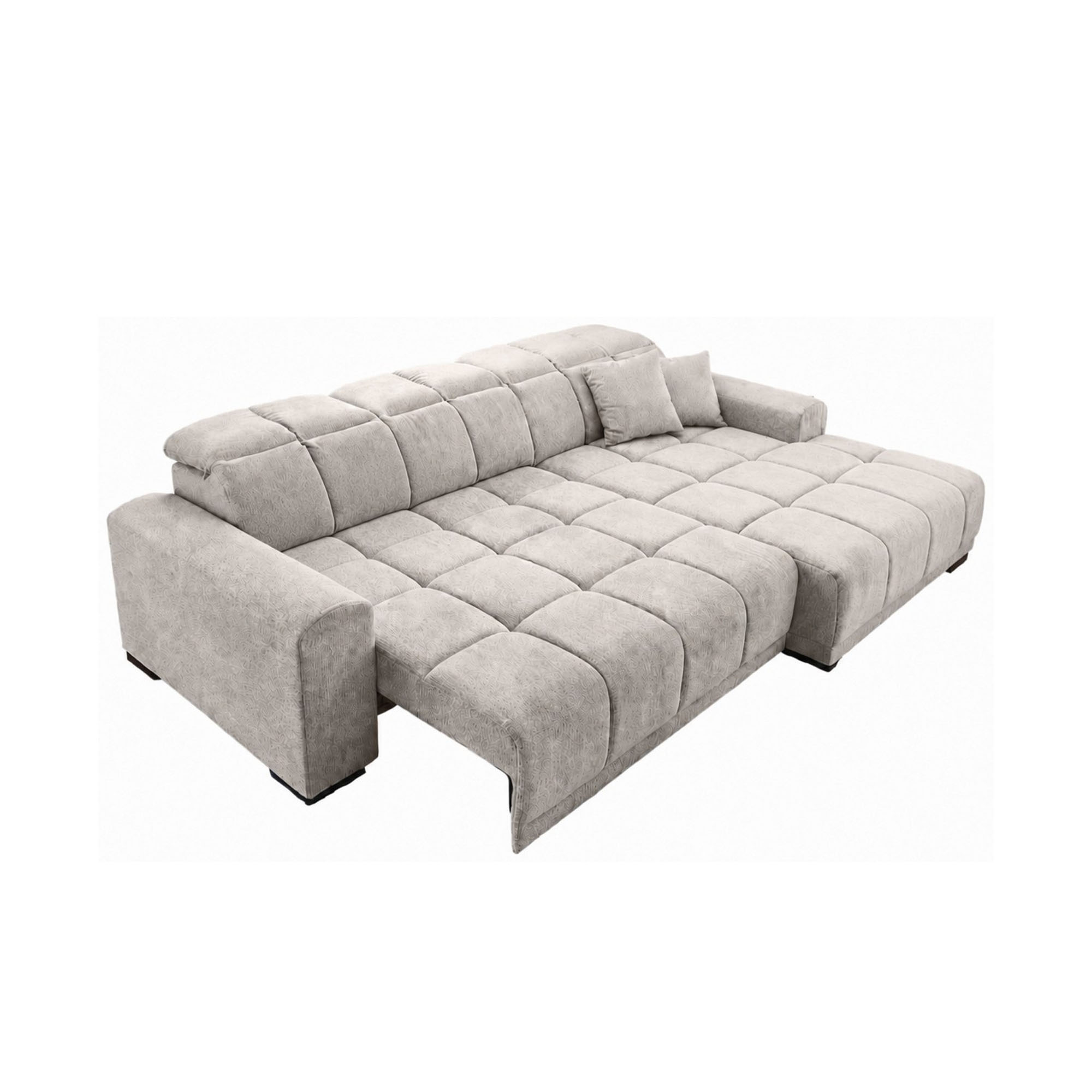 Master von Iwaniccy Freigestelltes silbergraues Schlafsofa mit vollständig ausgezogener Liegefläche, gepolsterten Kopfstützen, breiten Armlehnen und zwei Kissen aus linker Perspektive