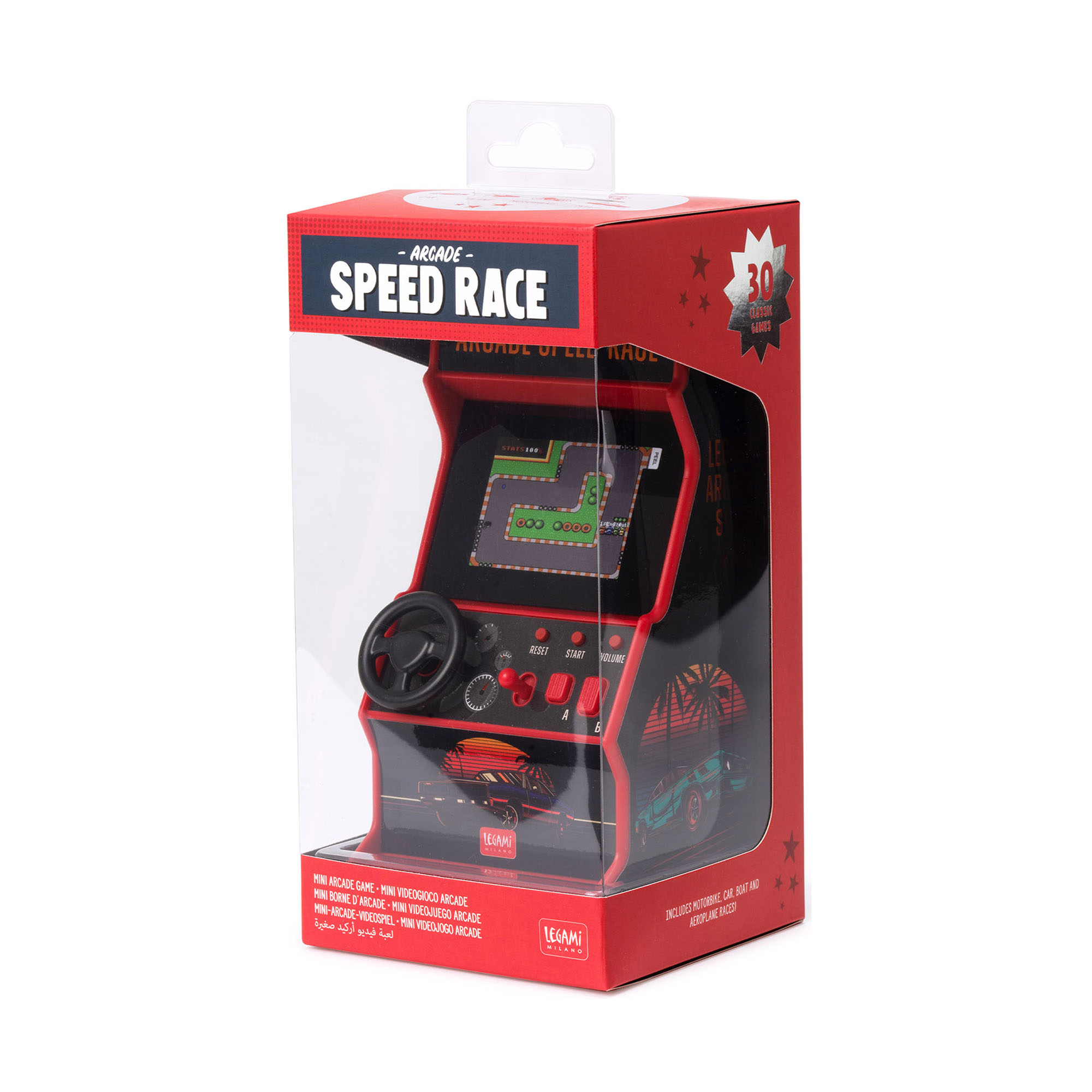 Rotes Mini-Arcade-Rennspiel, in einer transparenten Speed-Race-Verpackung dargestellt.