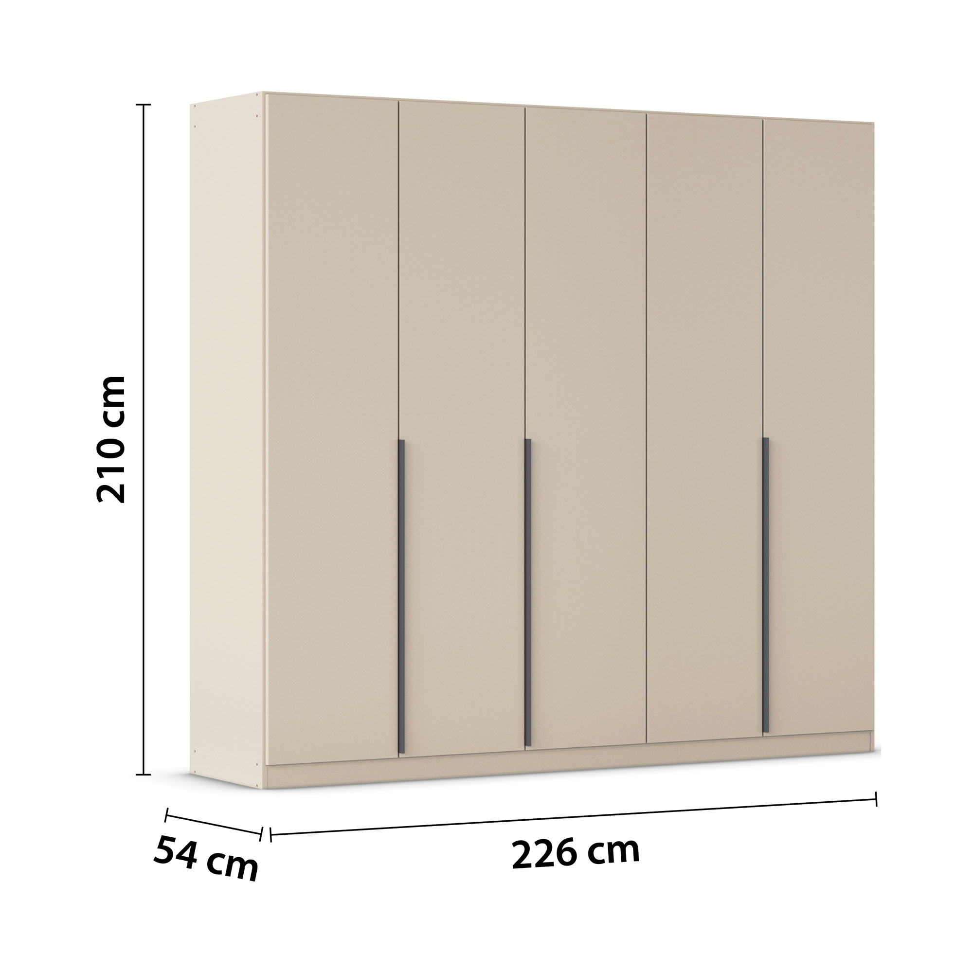 Champagnerfarbener 5-türiger Kleiderschrank mit Maßangaben Breite 226 cm, Höhe 210 cm und Tiefe 54 cm