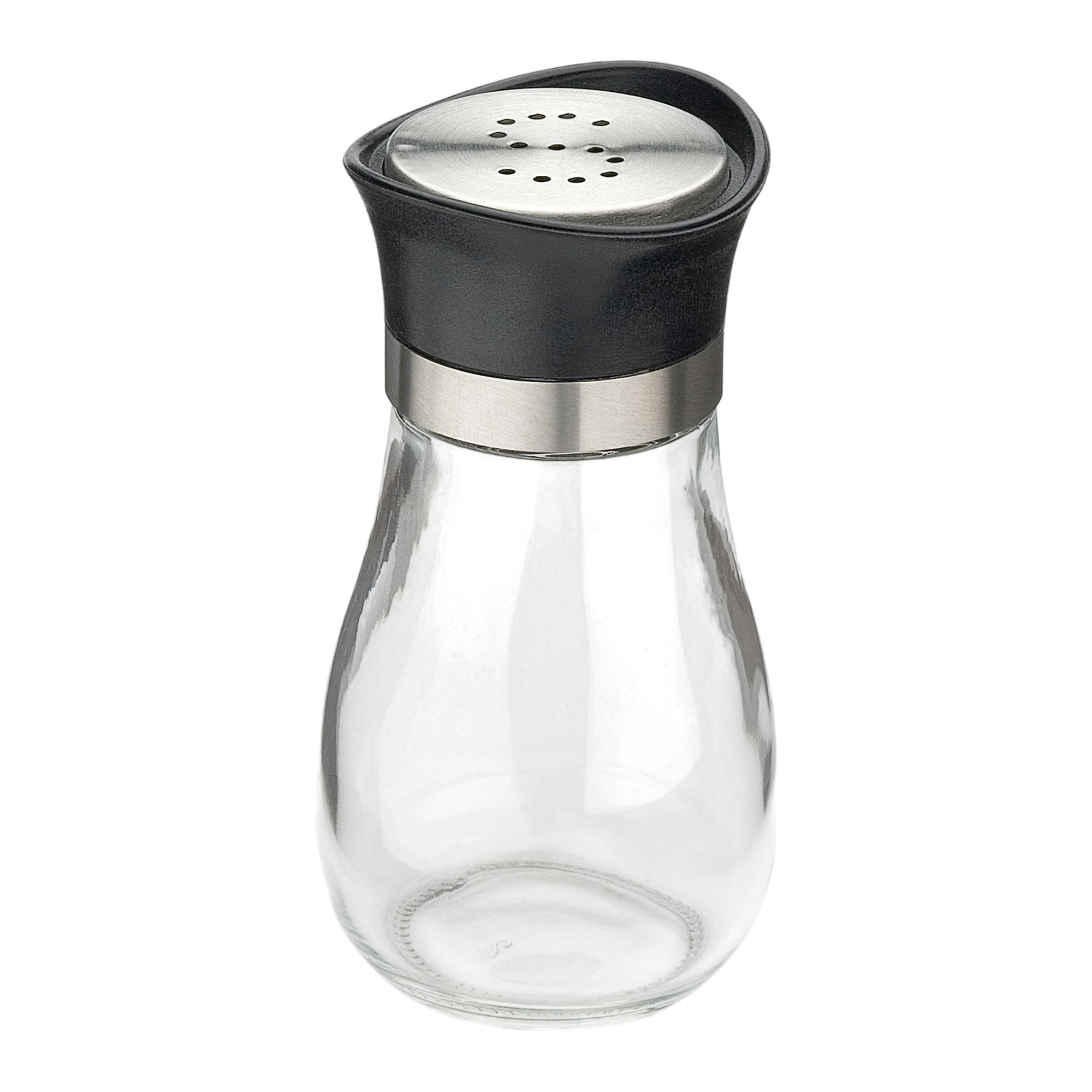 Salzstreuer Glas/Edelstahl Life Style: klarer Glas-Salzstreuer mit schwarzem Oberteil, Edelstahlring und gelochter Streufläche.