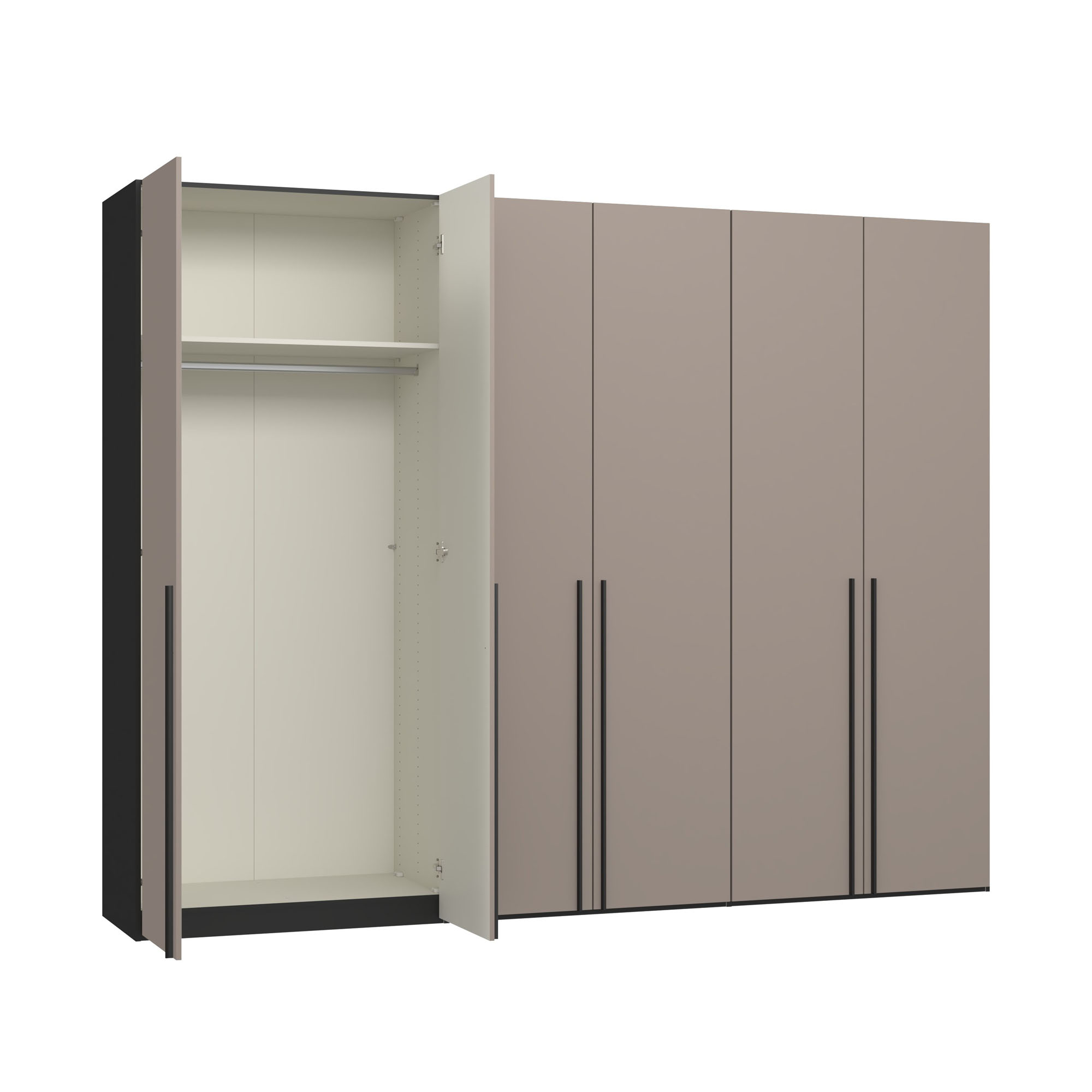 Kleiderschrank mit links geöffneter Tür und sichtbarem Innenraum mit Stauraumaufteilung