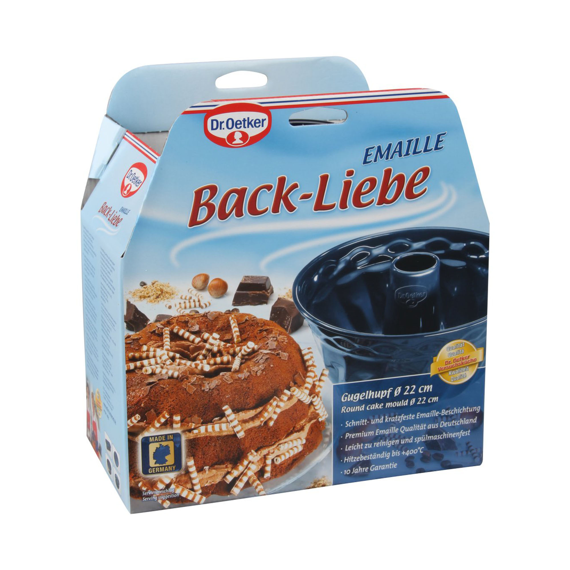 Verpackung der Emaille Gugelhupfform 22 cm mit Kuchenabbildung und Produktinfos