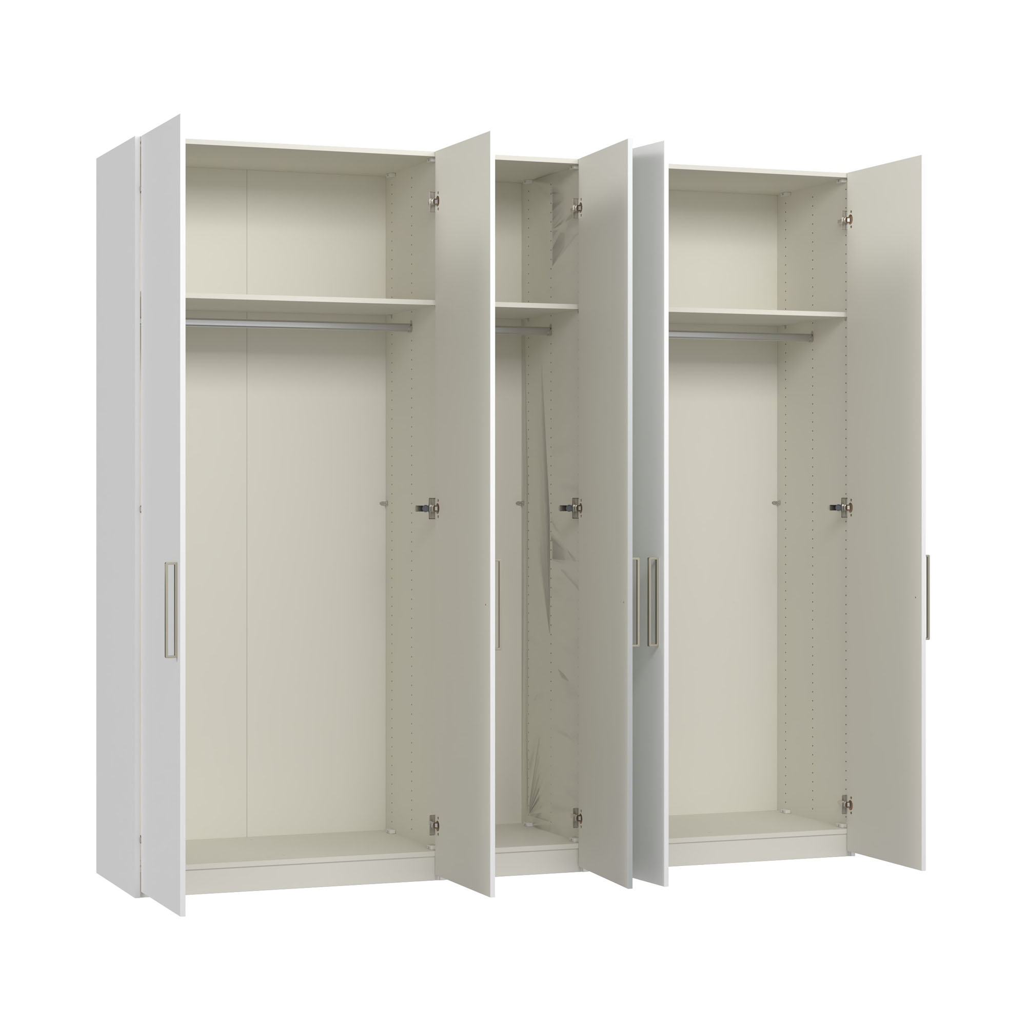 Drehtürenschrank mit geöffneten Türen und sichtbarem Innenraum mit Fachböden und Kleiderstangen