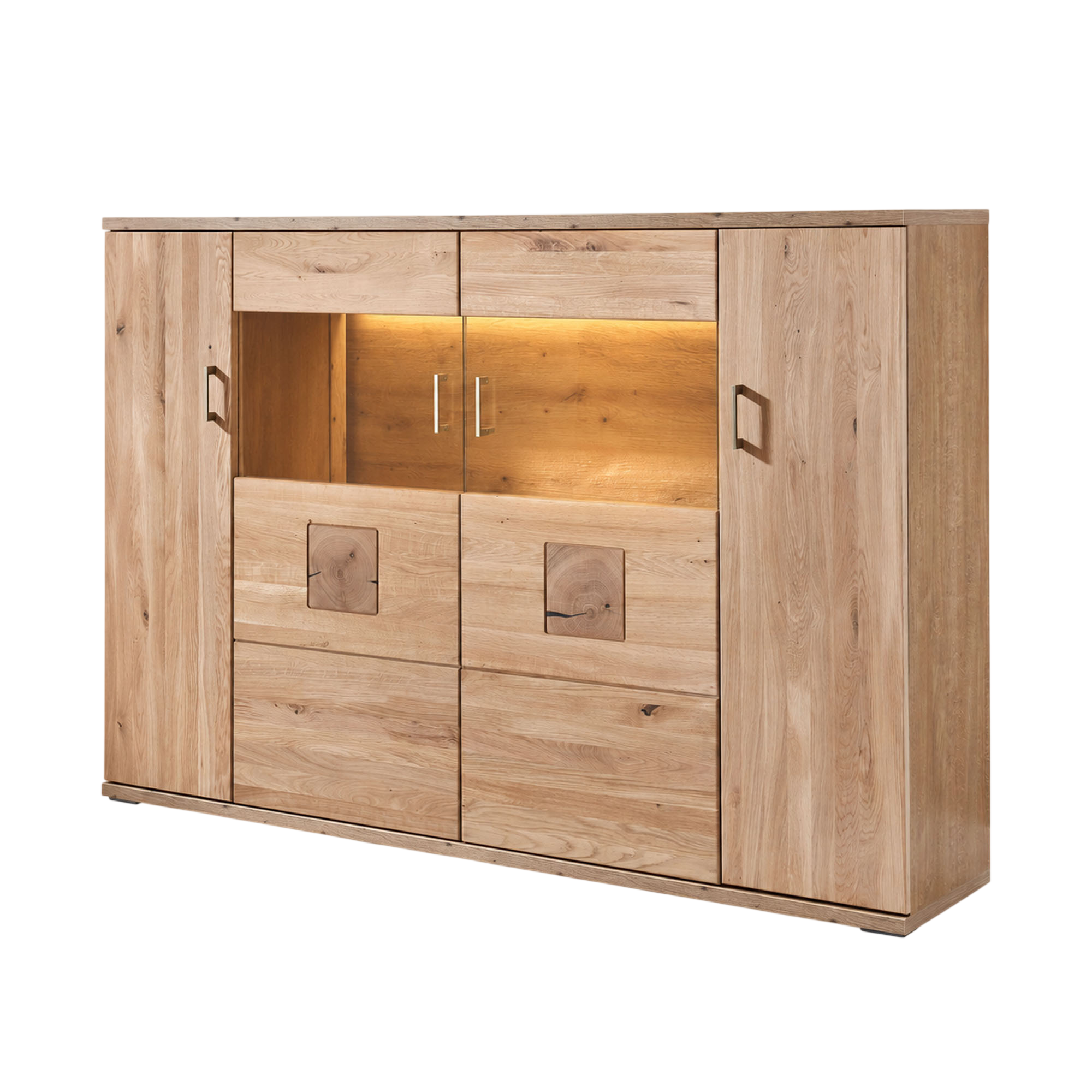Highboard in natürlicher Holzoptik mit zwei Türen Schubladen und einem offenen Fach im oberen Bereich