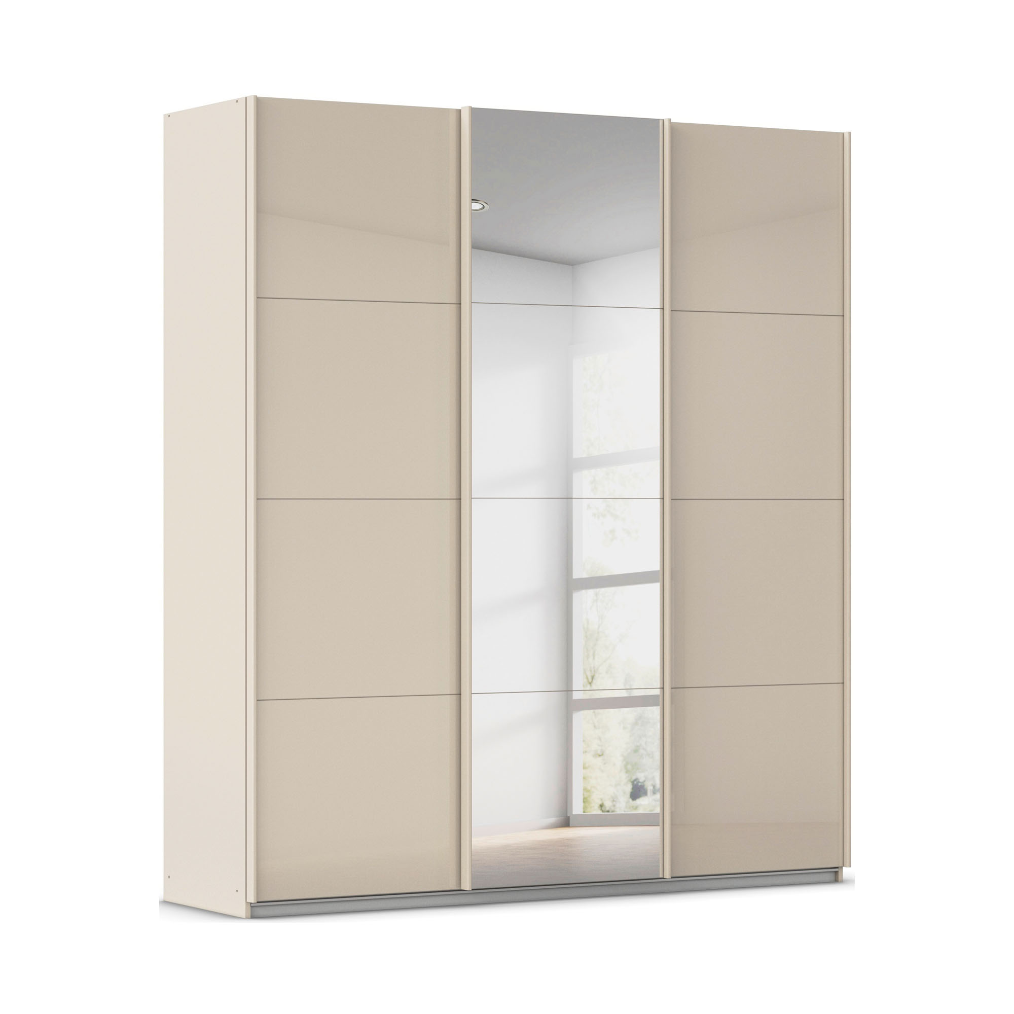 Moderner Schwebetürenschrank mit Glasfront in Champagner und mittiger Spiegeltür in schlichtem Design